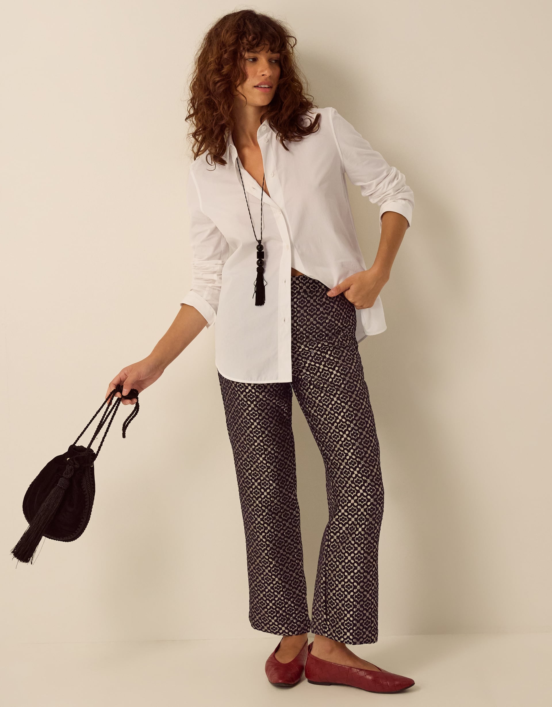 Jodi High Waisted Jacquard Straight Leg Trousers Black