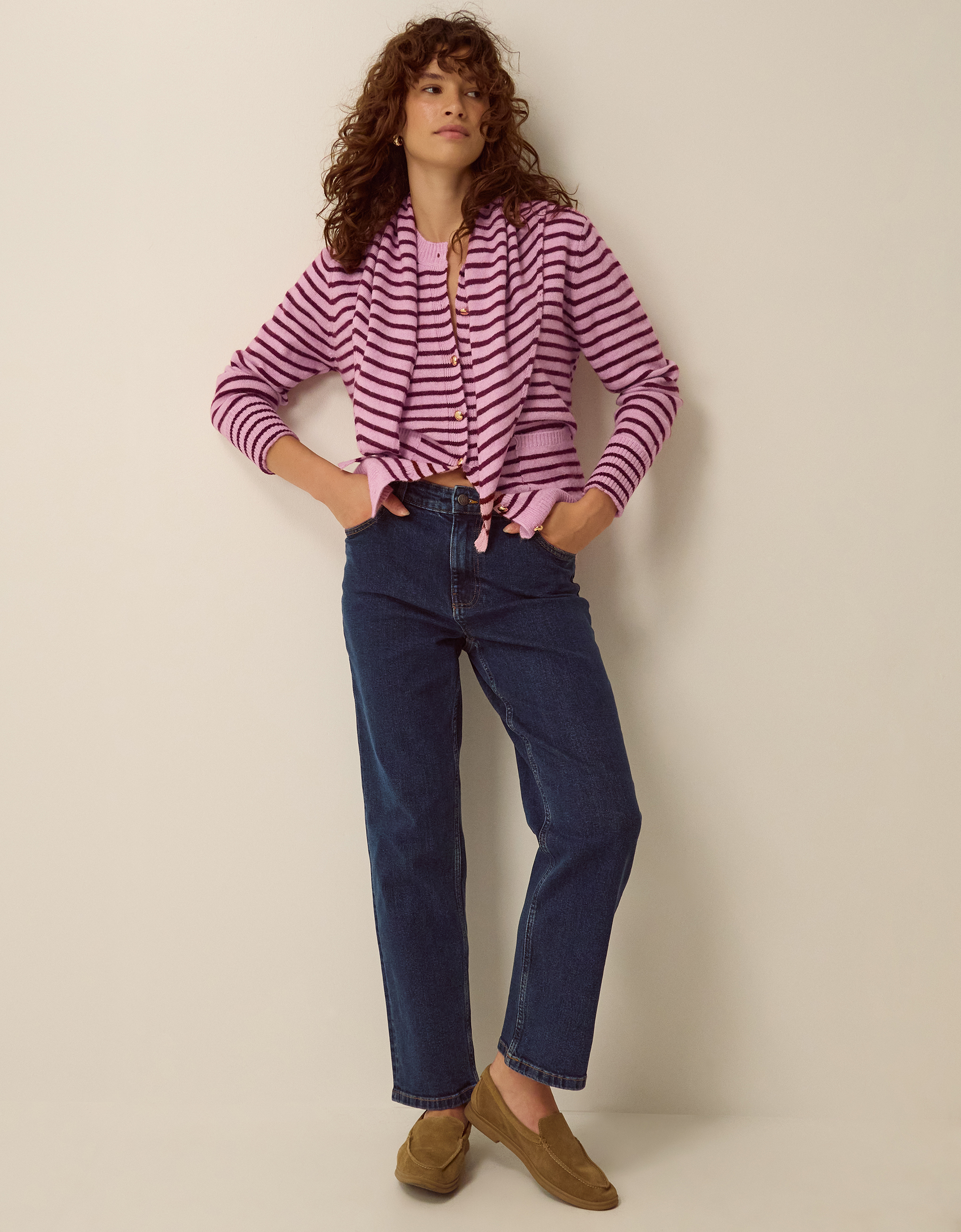 Monsoon Shola Stripe Cardigan & Scarf in Pink, view 4