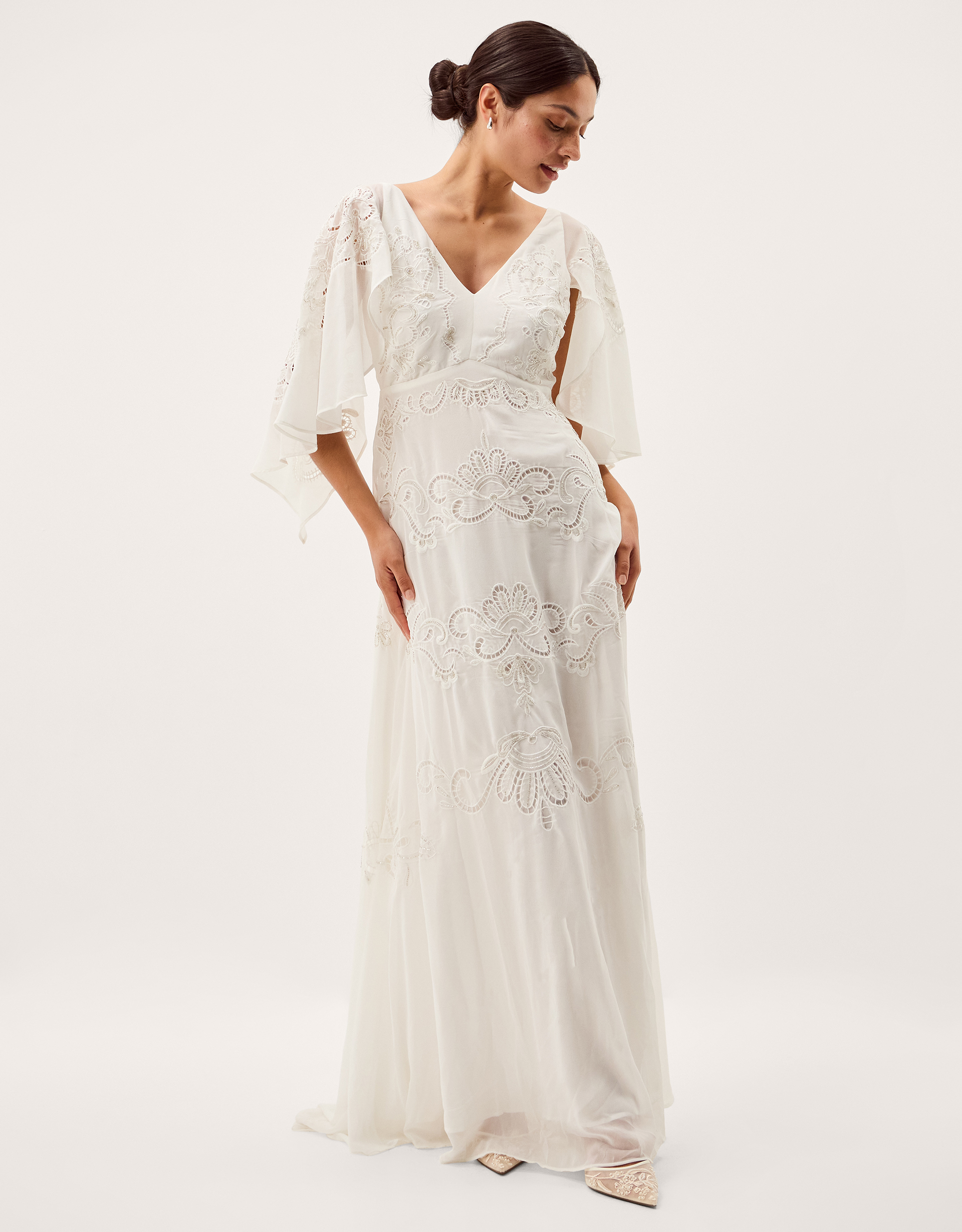 Monsoon Cream Embellished Cali Cape Sleeve Wedding Dress