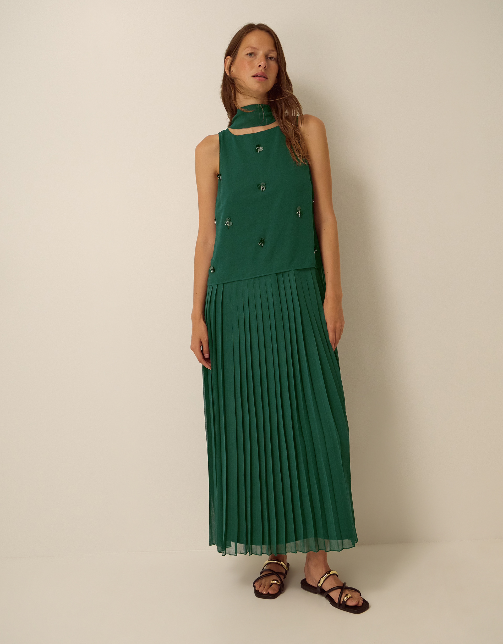 Monsoon Eva Embellished Maxi Dress & Scarf Green, view 4