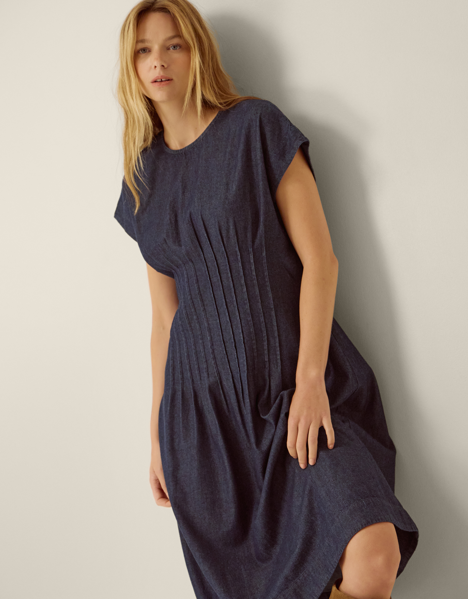 Monsoon Jasmin Pleated Denim Midi Dress, view 2