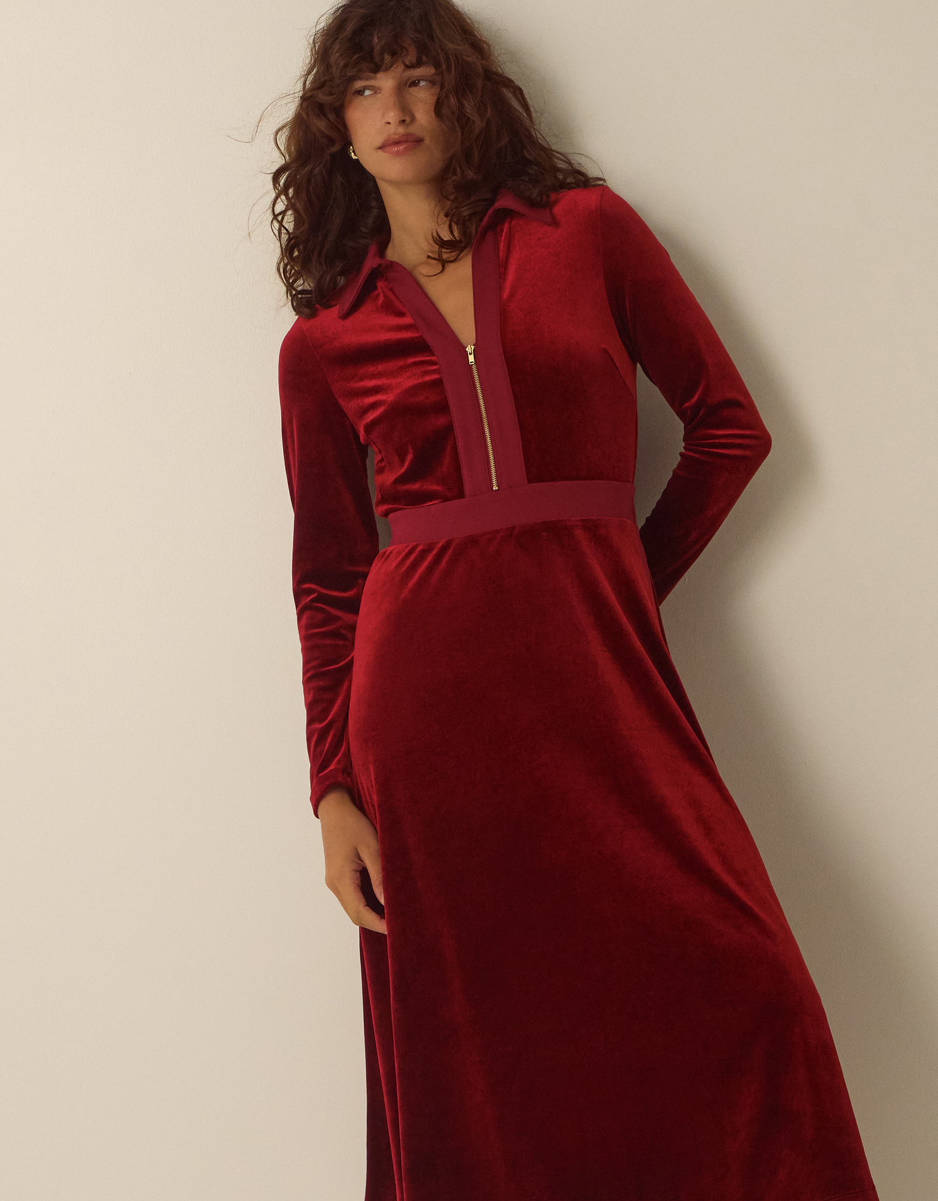 Monsoon Zeyna Zip Velvet Midi Dress Cinnamon, view 3