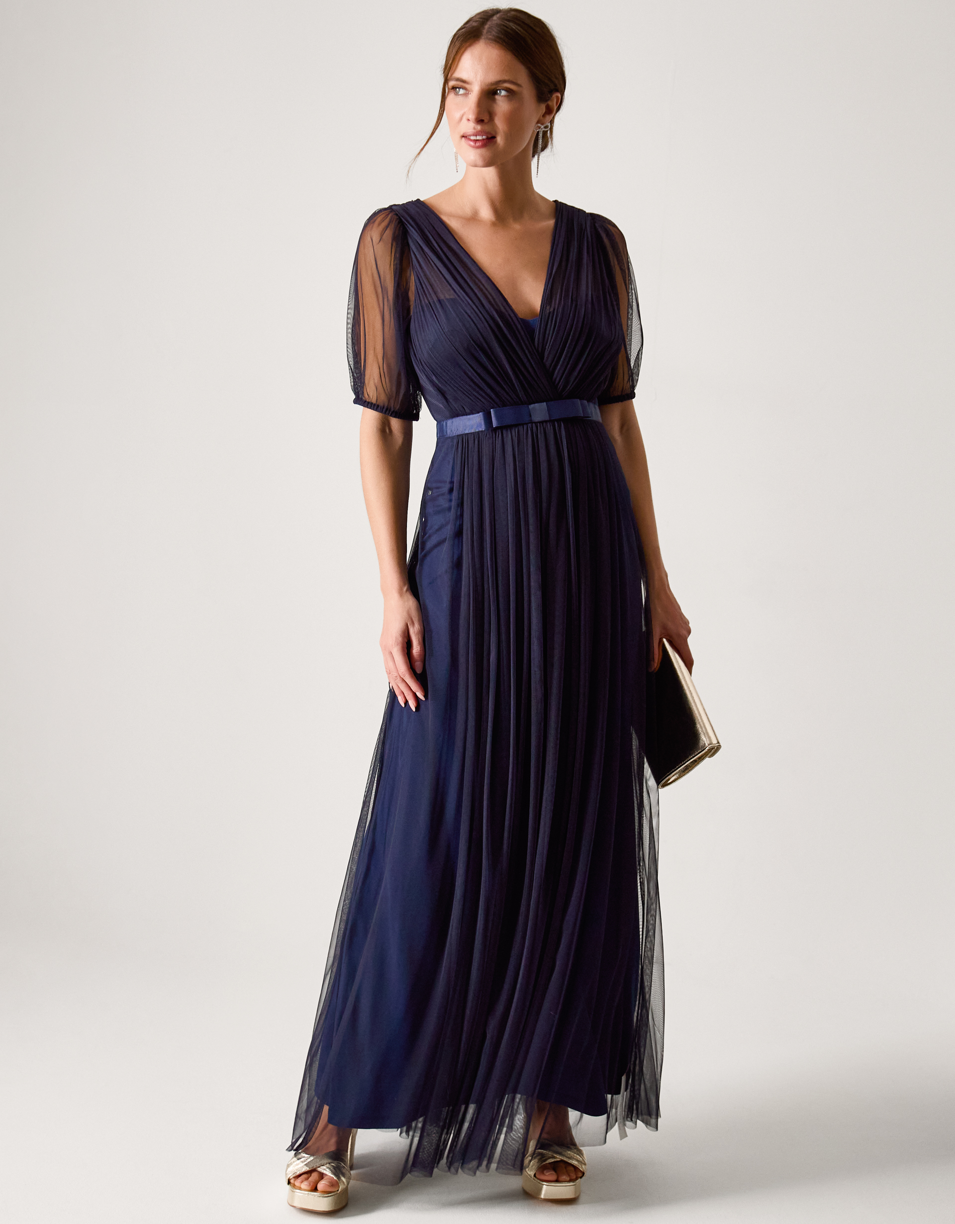 Monsoon Ellie Sheer Sleeve Plunge Tulle Maxi Dress in Blue