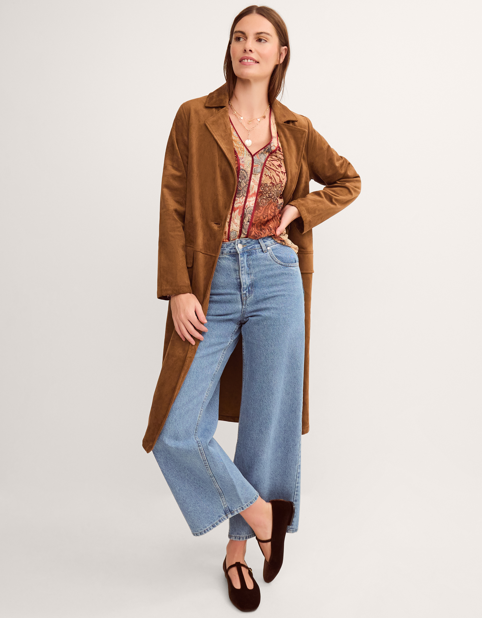 Monsoon Tove Faux Suede Coat in Tan