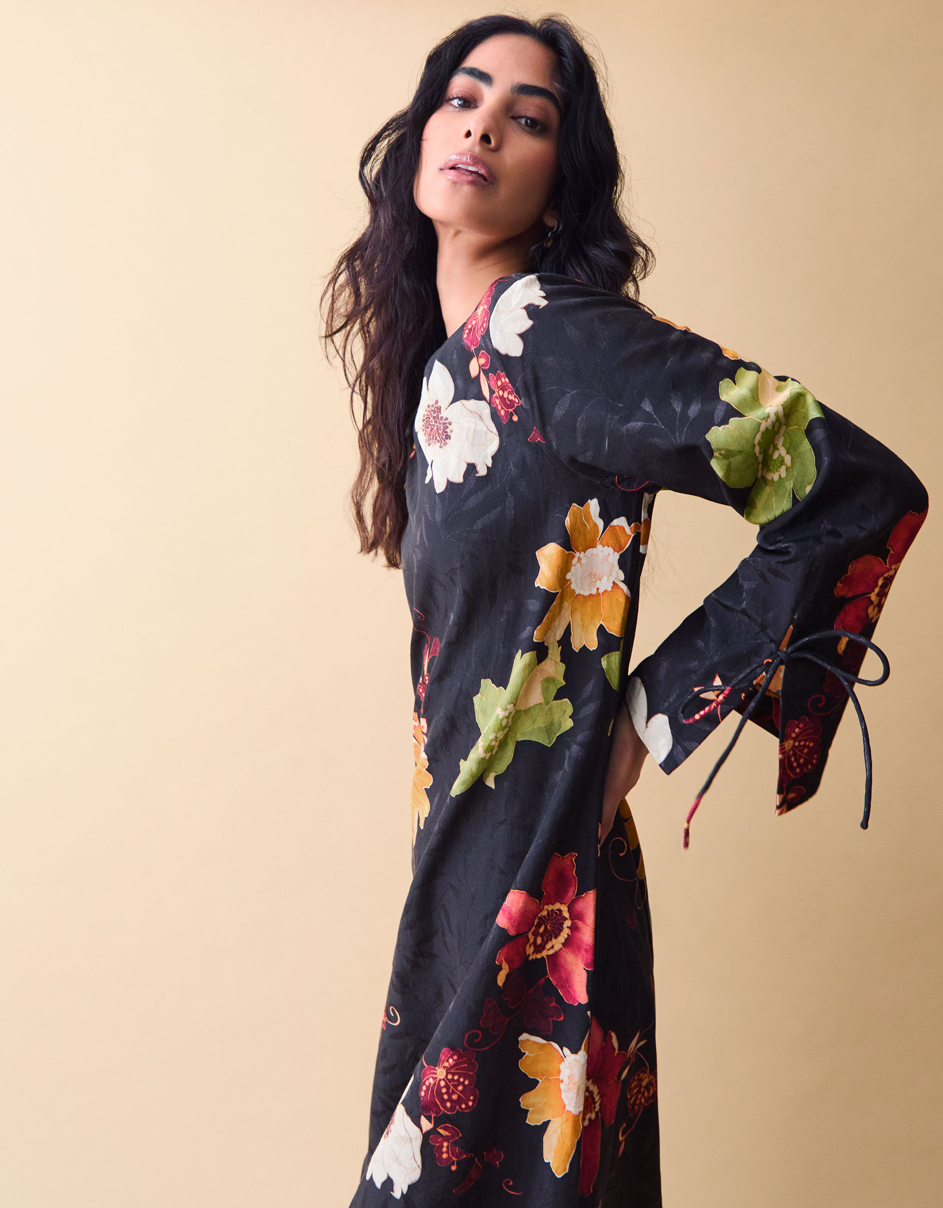 Monsoon Clemence Women's Black & Pink Cotton Floral Print Camille Jacquard Midi Dress, view 4