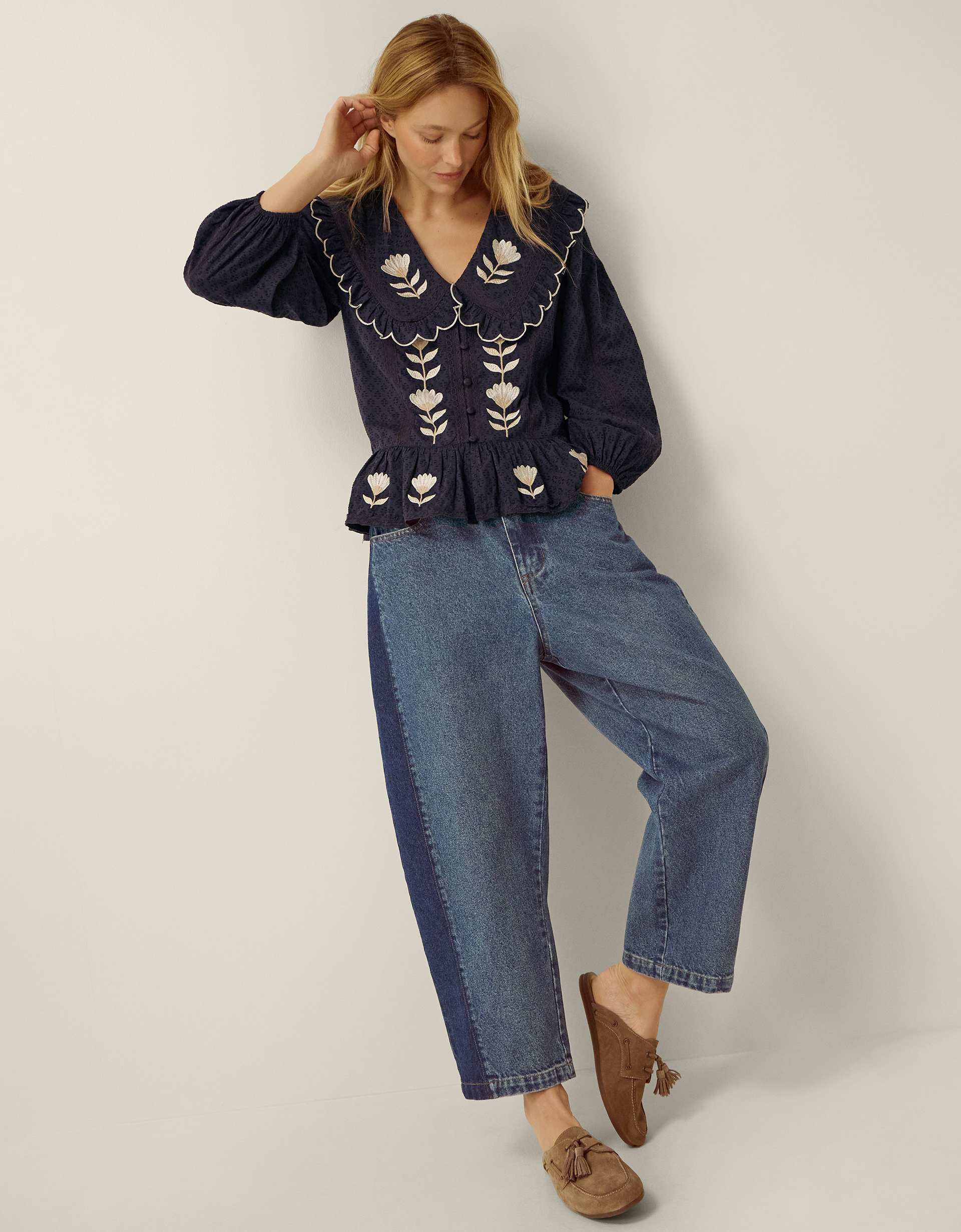 Monsoon Talia Tulip Embroidered Scallop Collar Top Blue, view 3