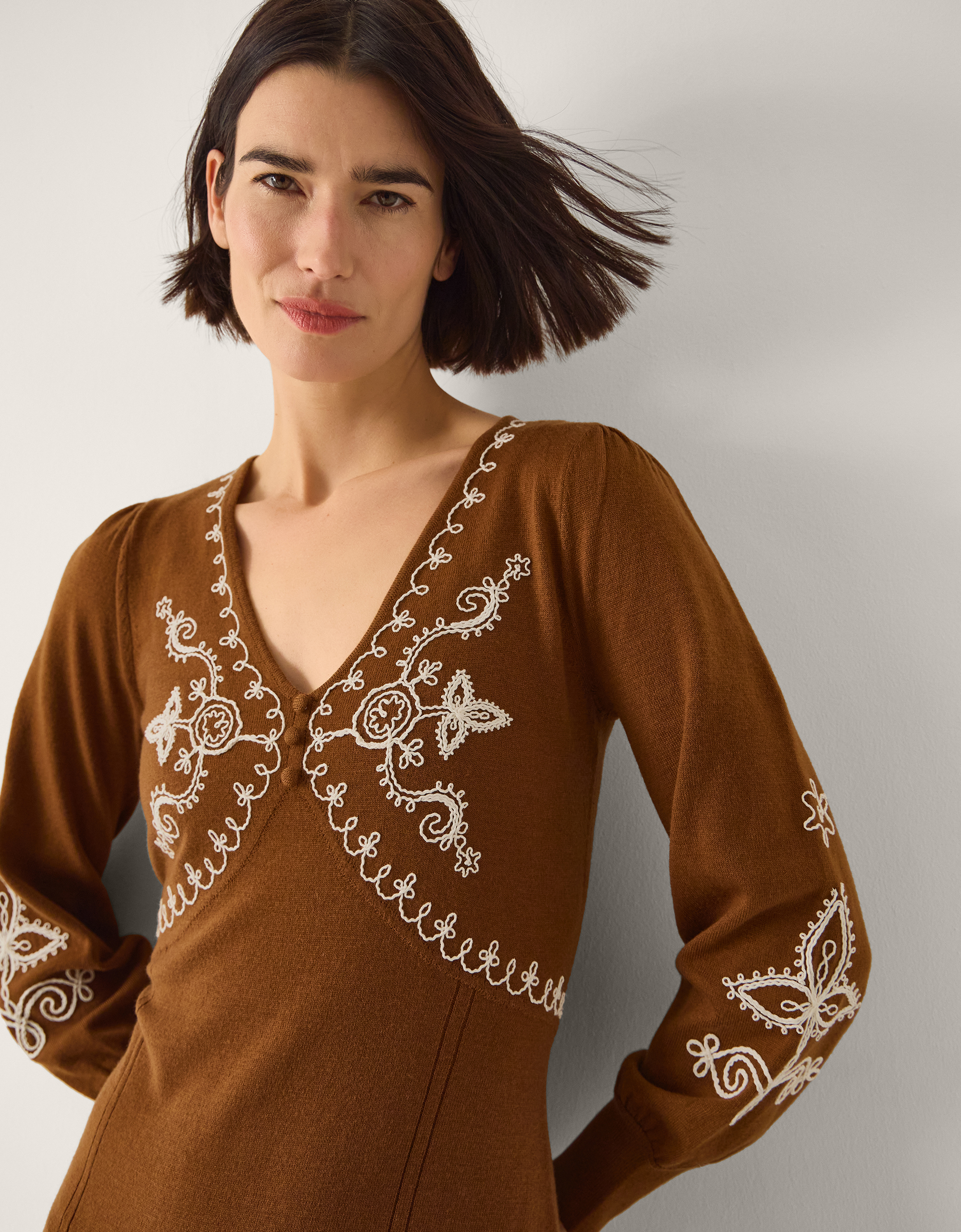 Monsoon Cleo V-Neck Embroidered Knit Midi Dress, view 2