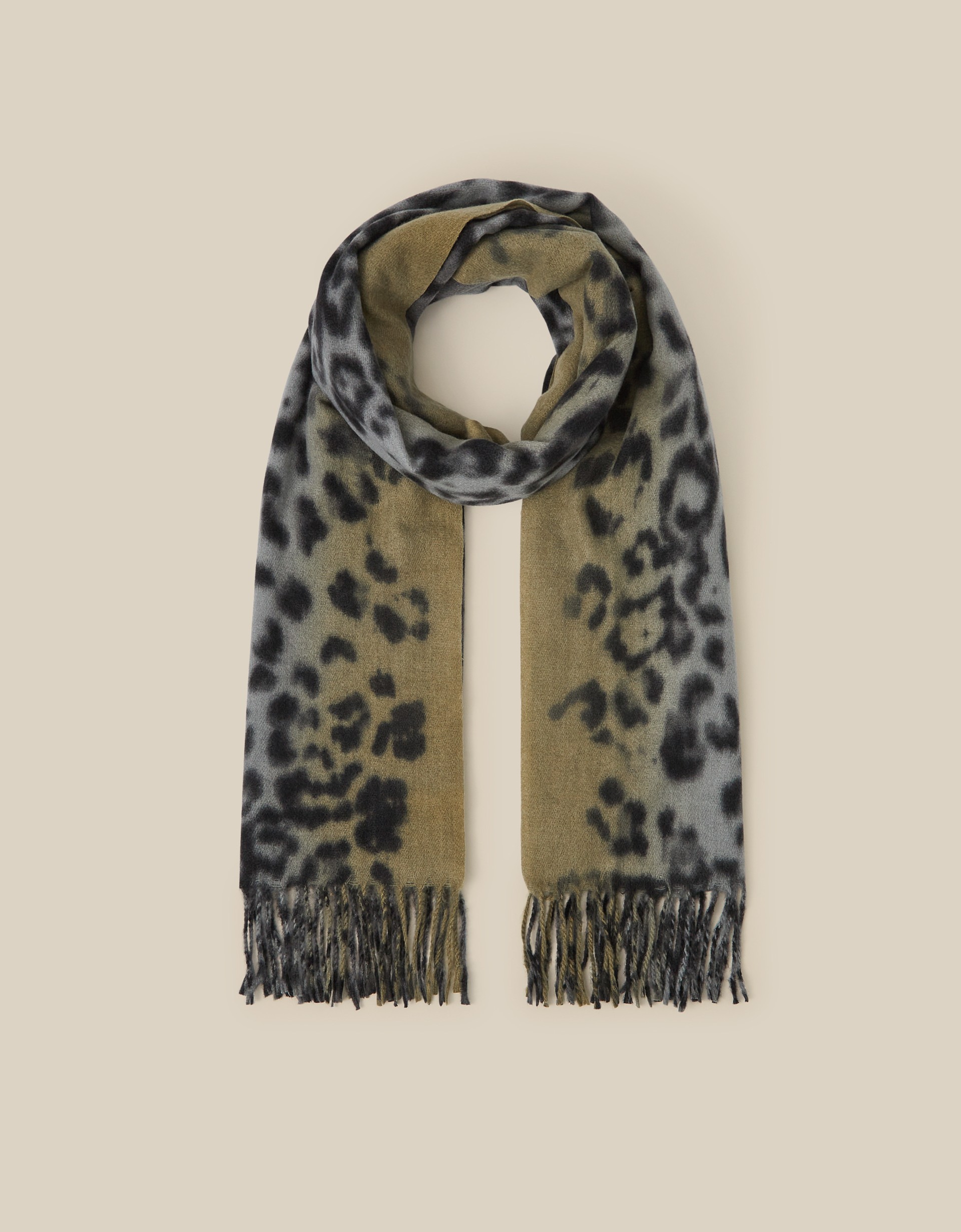 Monsoon Archi Animal Print Tassel Scarf in Grey
