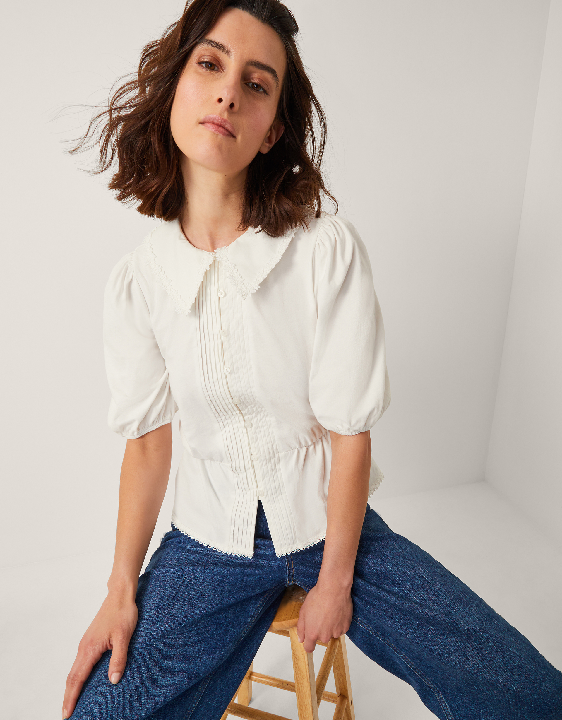 Monsoon Celia Puff Sleeve Collar Jersey Blouse in ivory