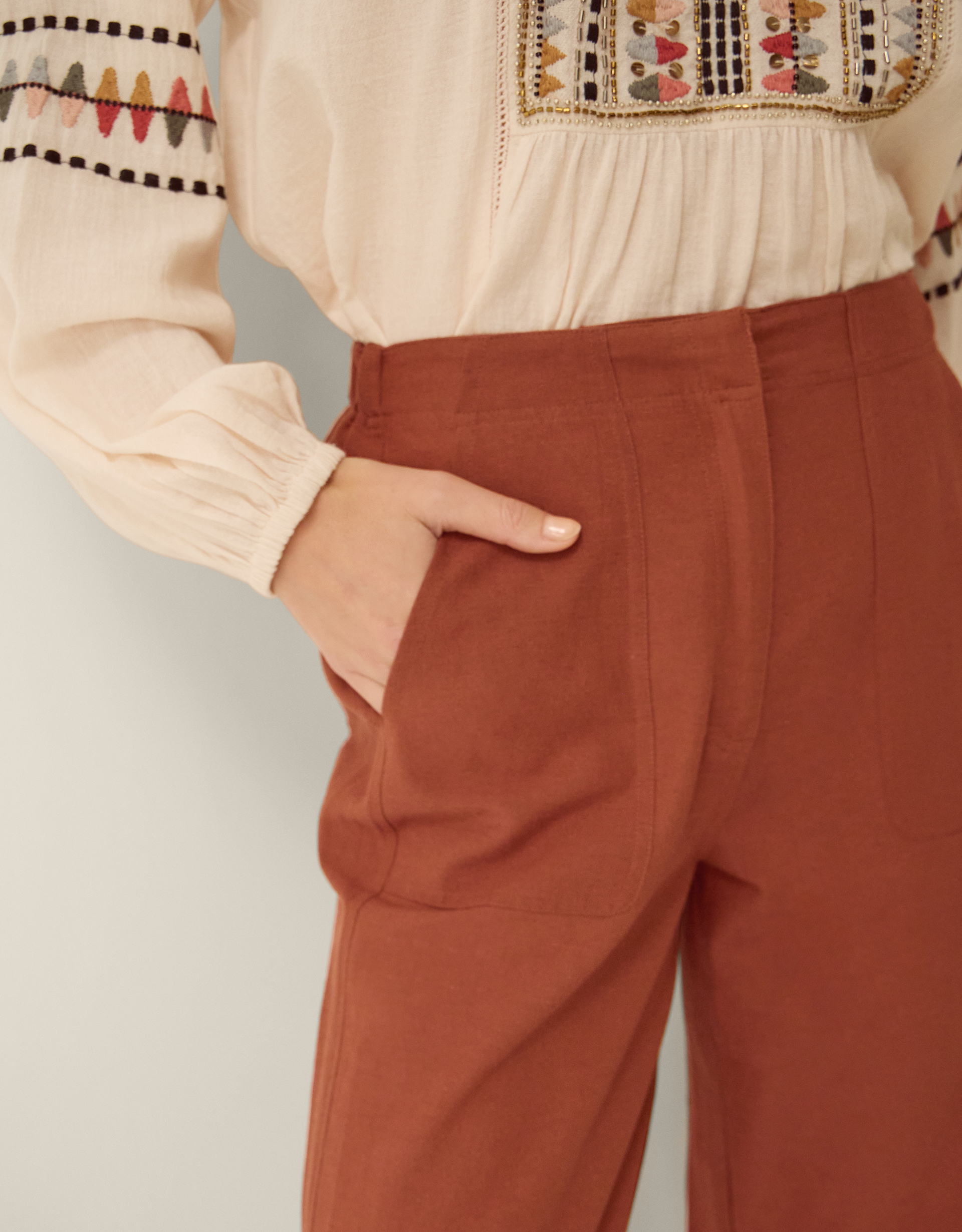 Monsoon Joanie Linen Blend Barrel Trousers in Orange, view 3