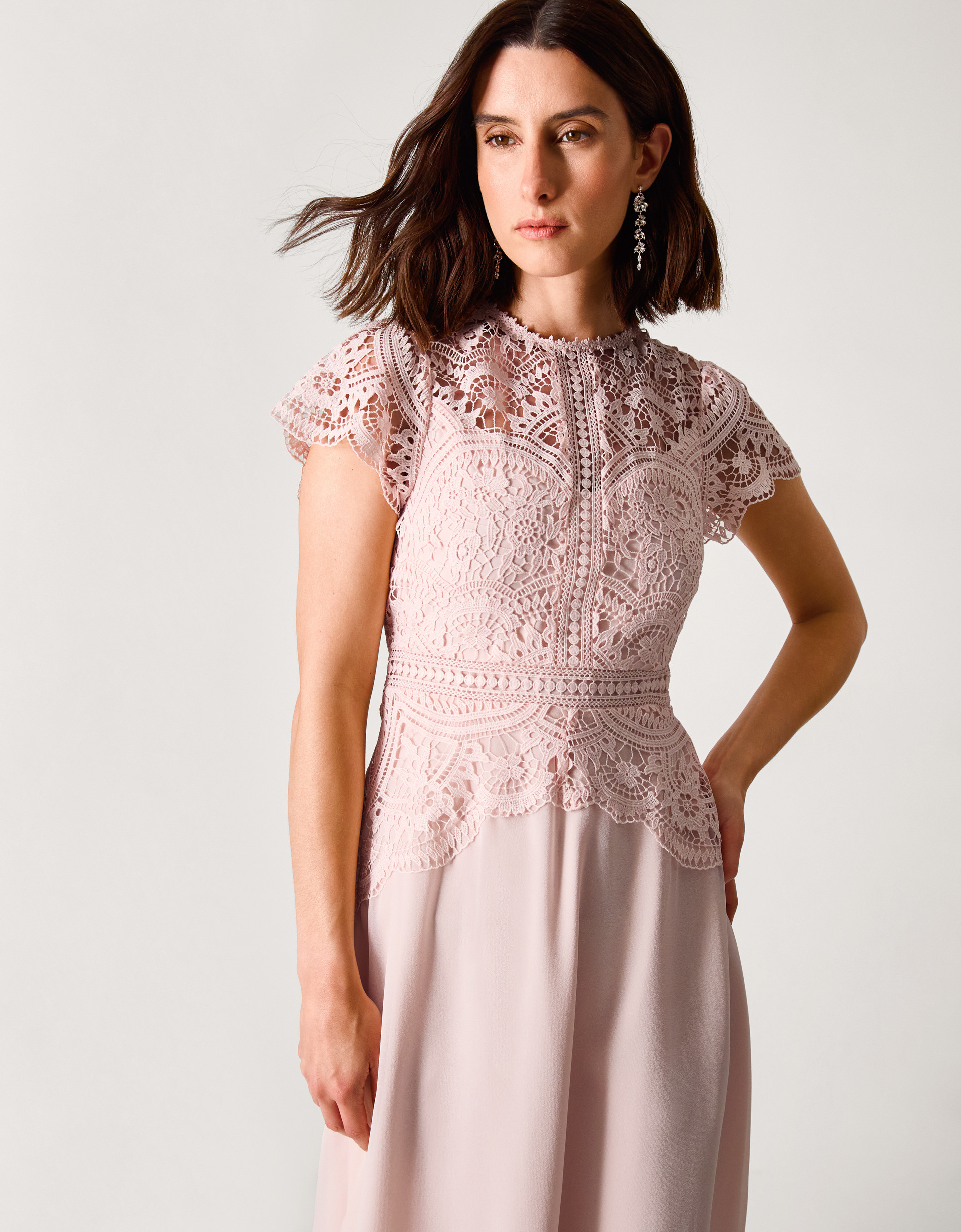 Monsoon Pink Floral Lace Monica Midi Bridesmaid Dress, view 4