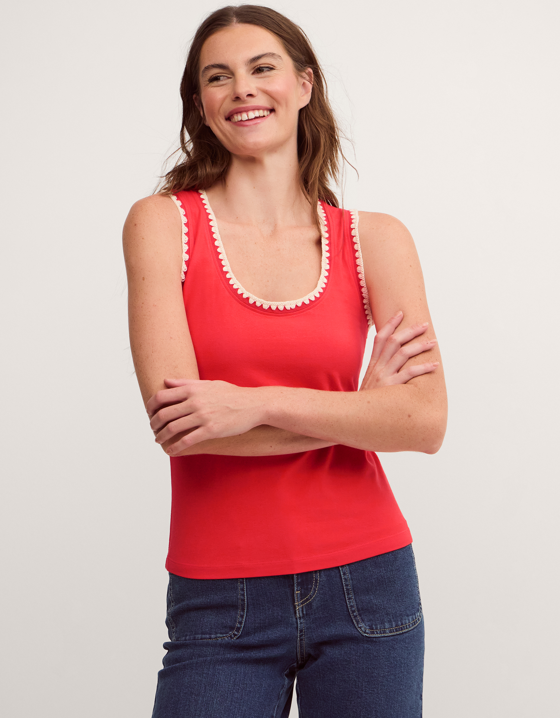 Monsoon Teri Contrast Stitch Jersey Cami Top in red