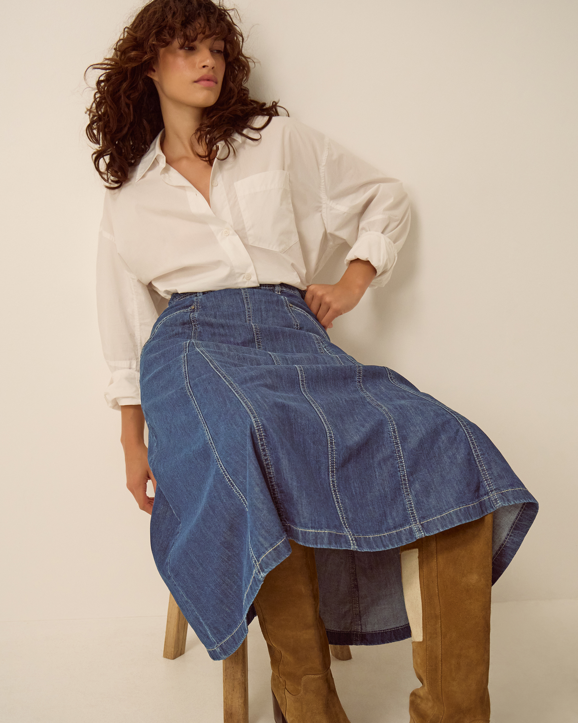 Monsoon Harper Godet Denim Midi Skirt, view 5