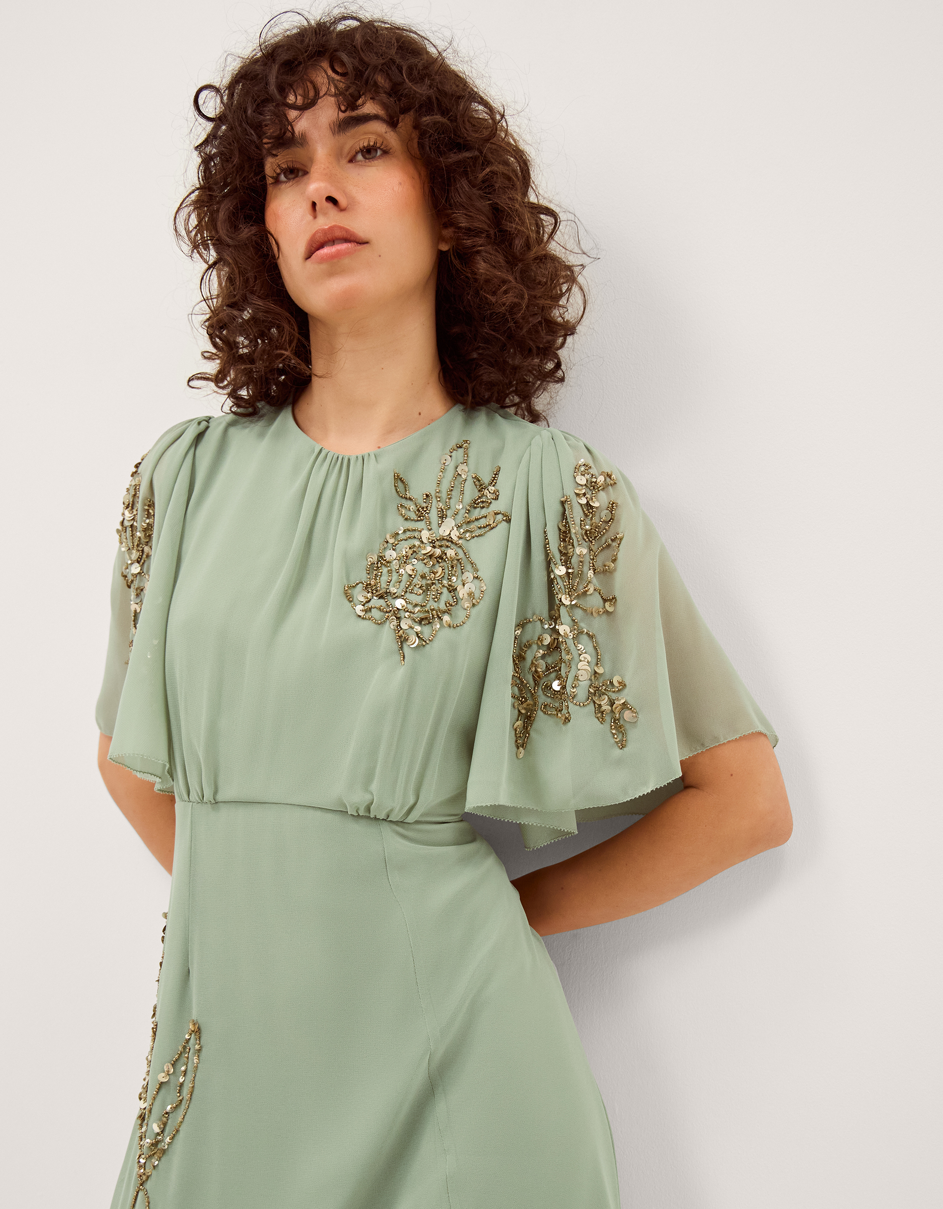 Monsoon Skyler Floral Embellished Maxi Dress in Green, view 5
