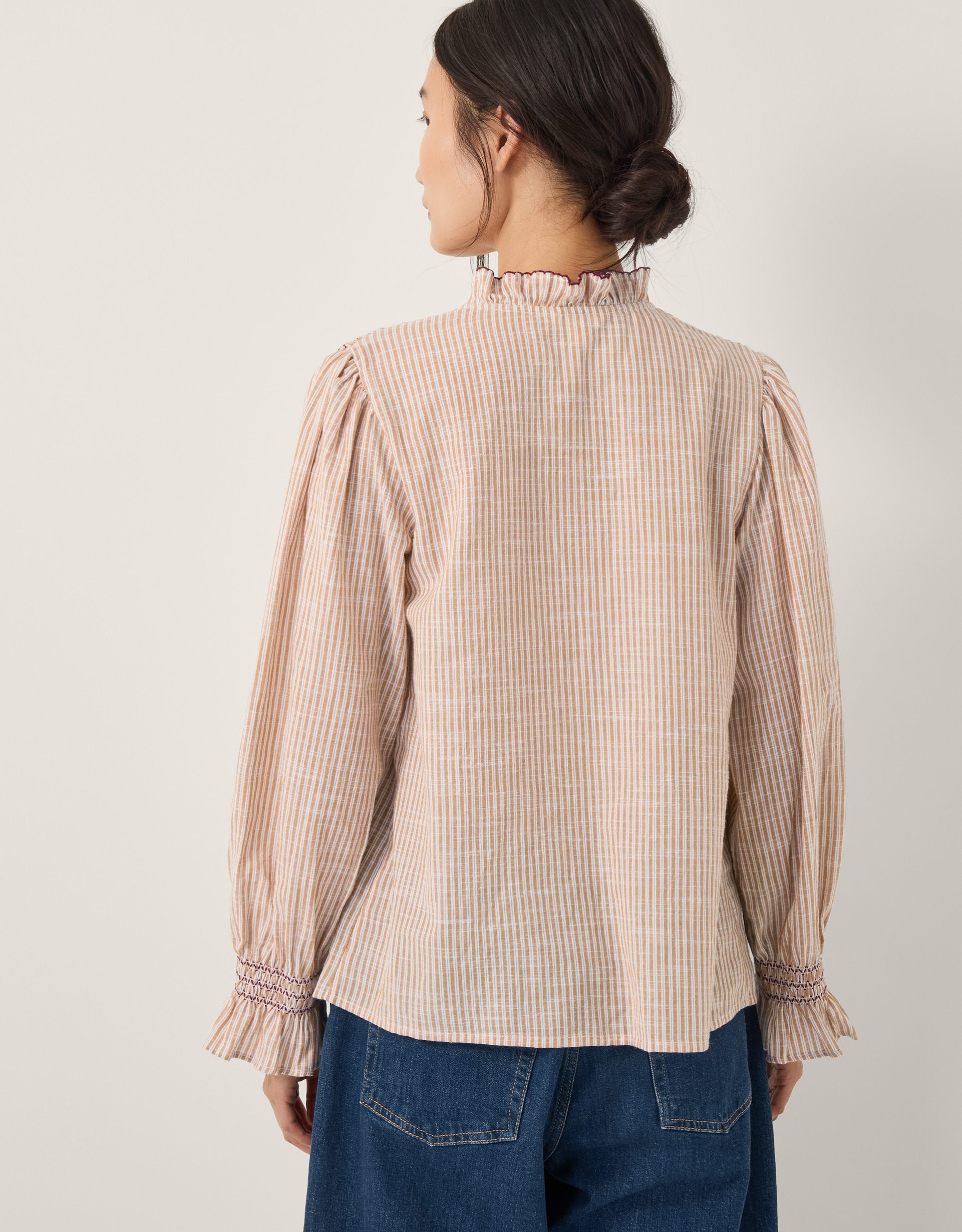 Monsoon Maeve Ruffle Stripe Shirt in Camel, view 3