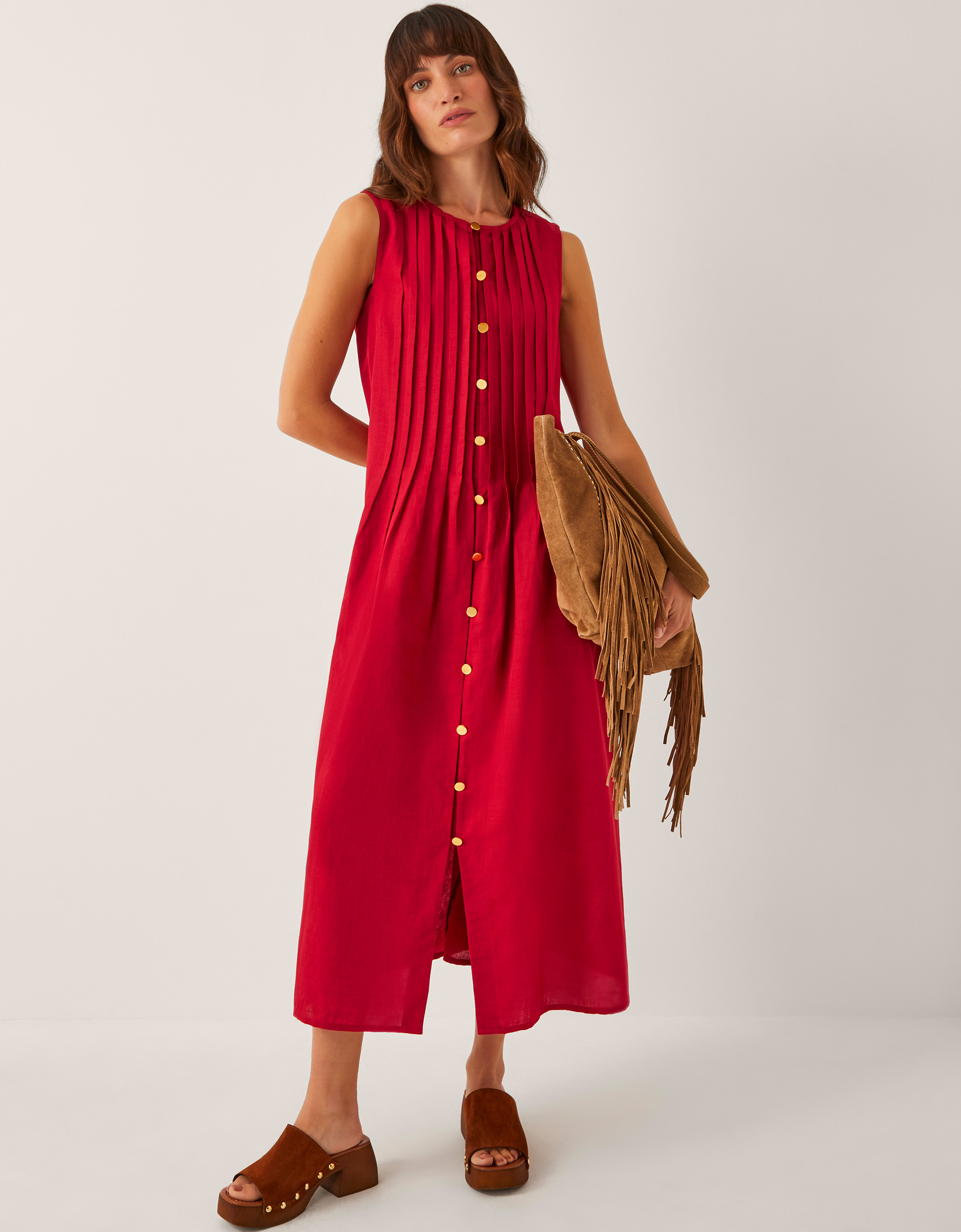 Monsoon Monica Linen Blend Pleated Midi Dress