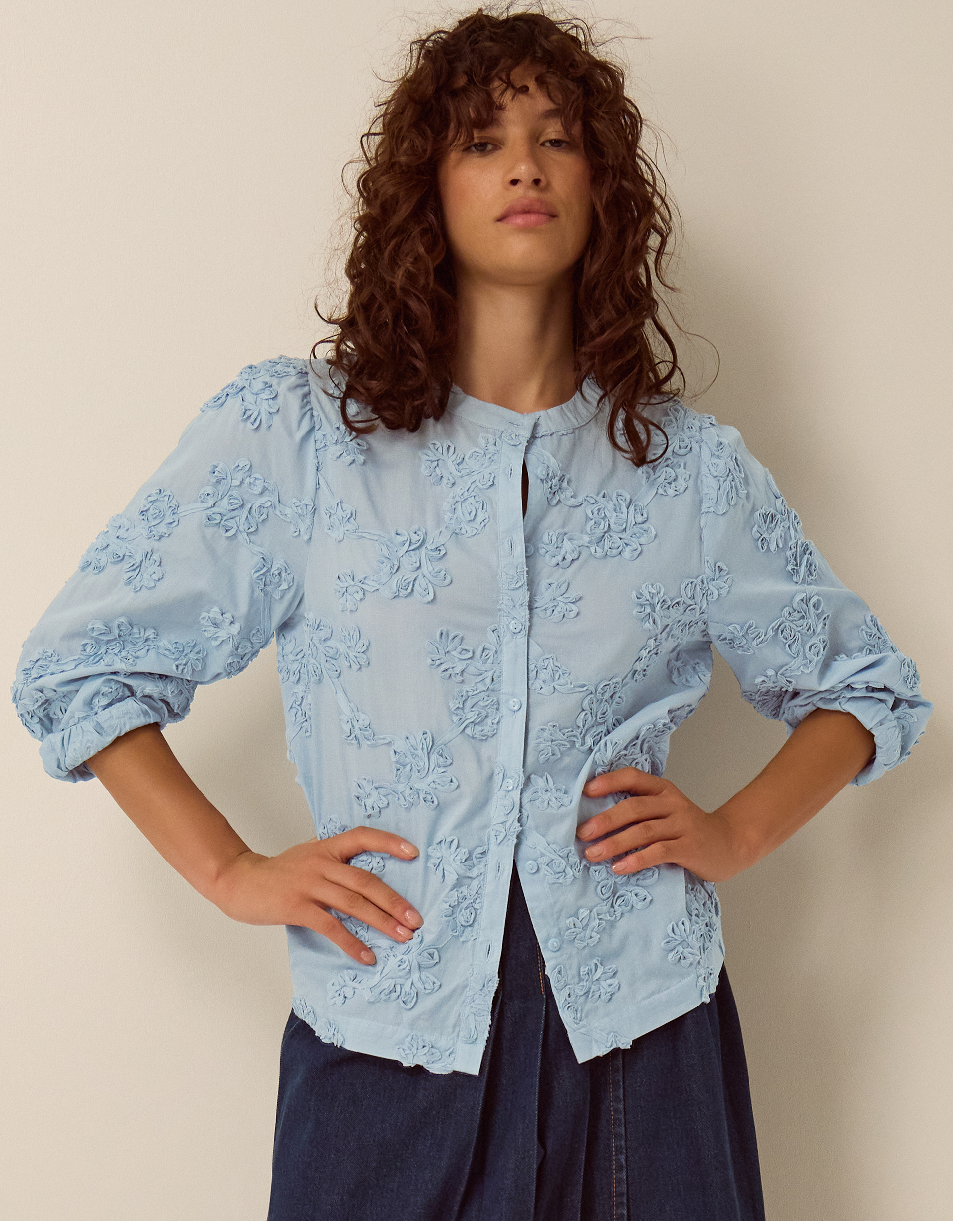 Monsoon Blair Floral Appliqué Blouse in Blue
