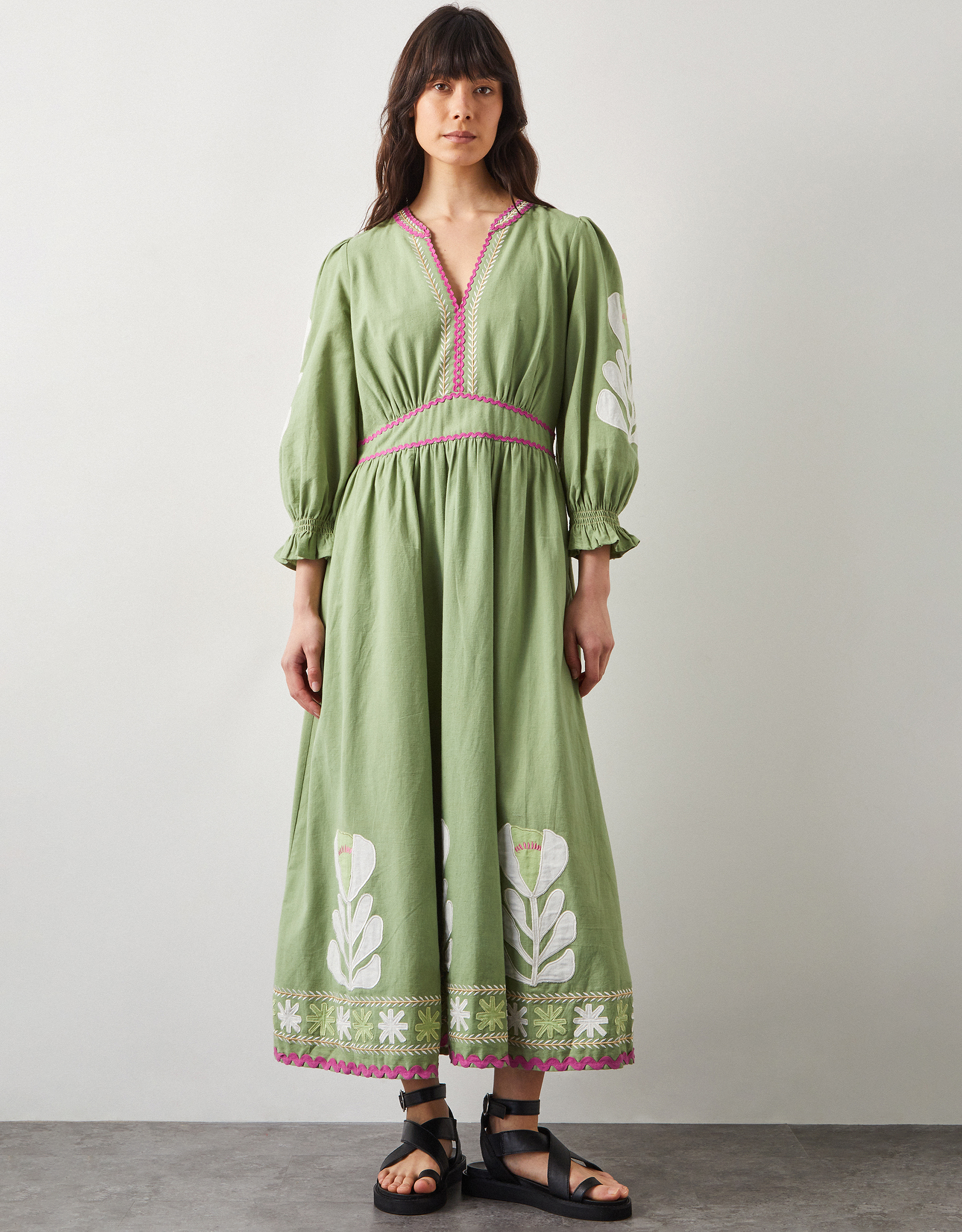 East Women's Green Cotton Appliqué Valeria Midi Dress, Size: 8