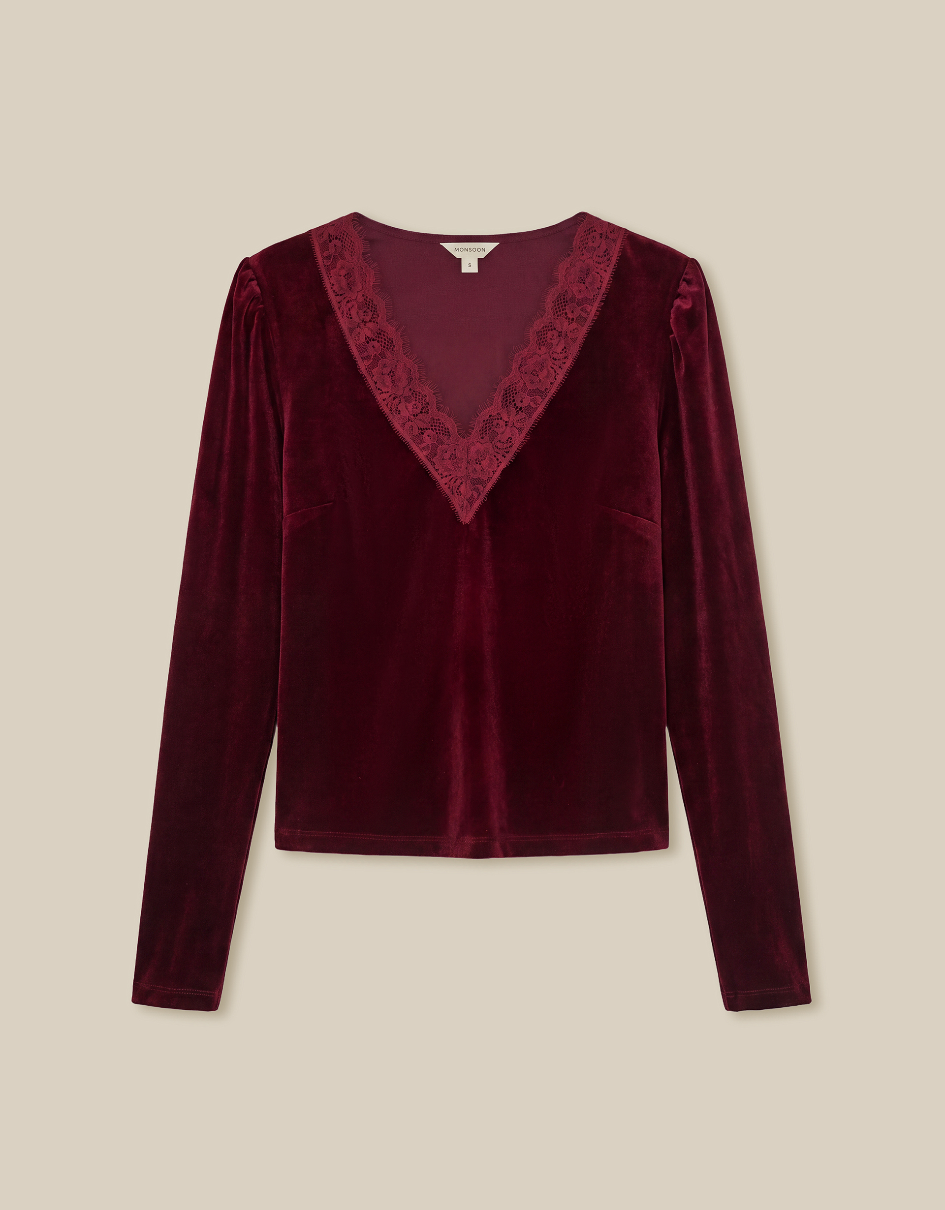 Monsoon Lexi Lace Trim Velvet Top in Red, view 5