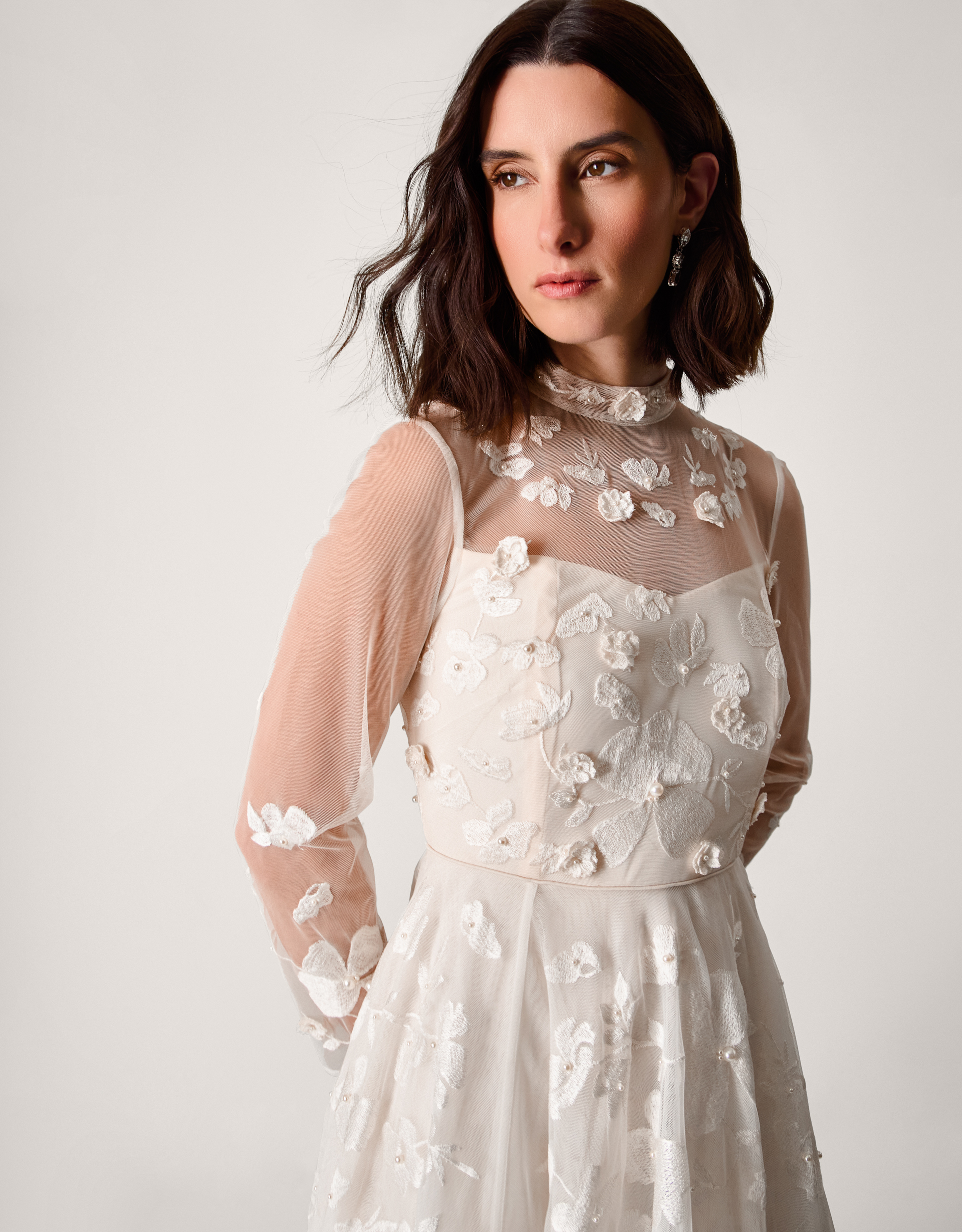 Monsoon Lorelai Long Sleeve Floral Embellished Mesh Wedding Dress, view 4
