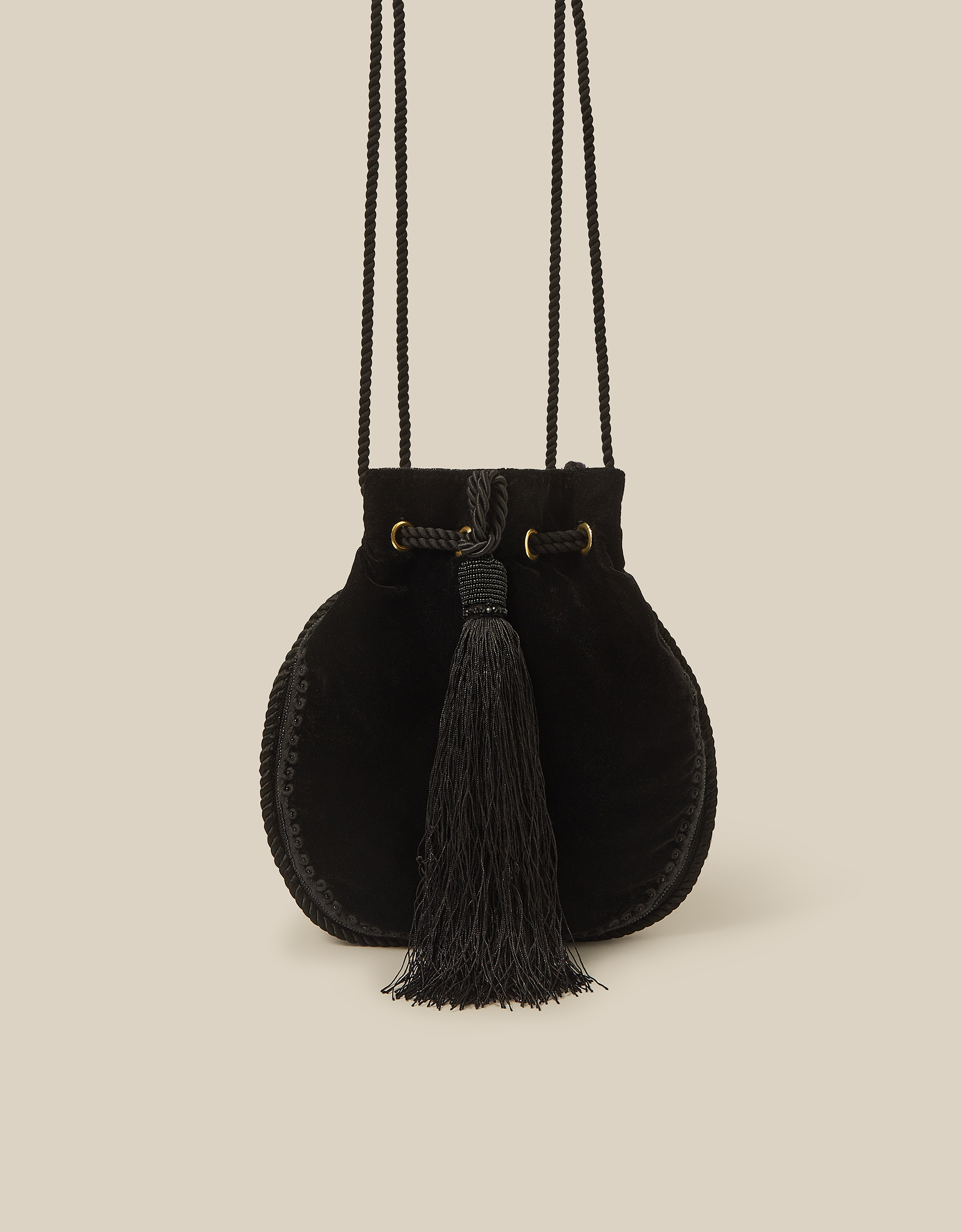 Monsoon Hope Tassel Velvet Pouch Bag in Black