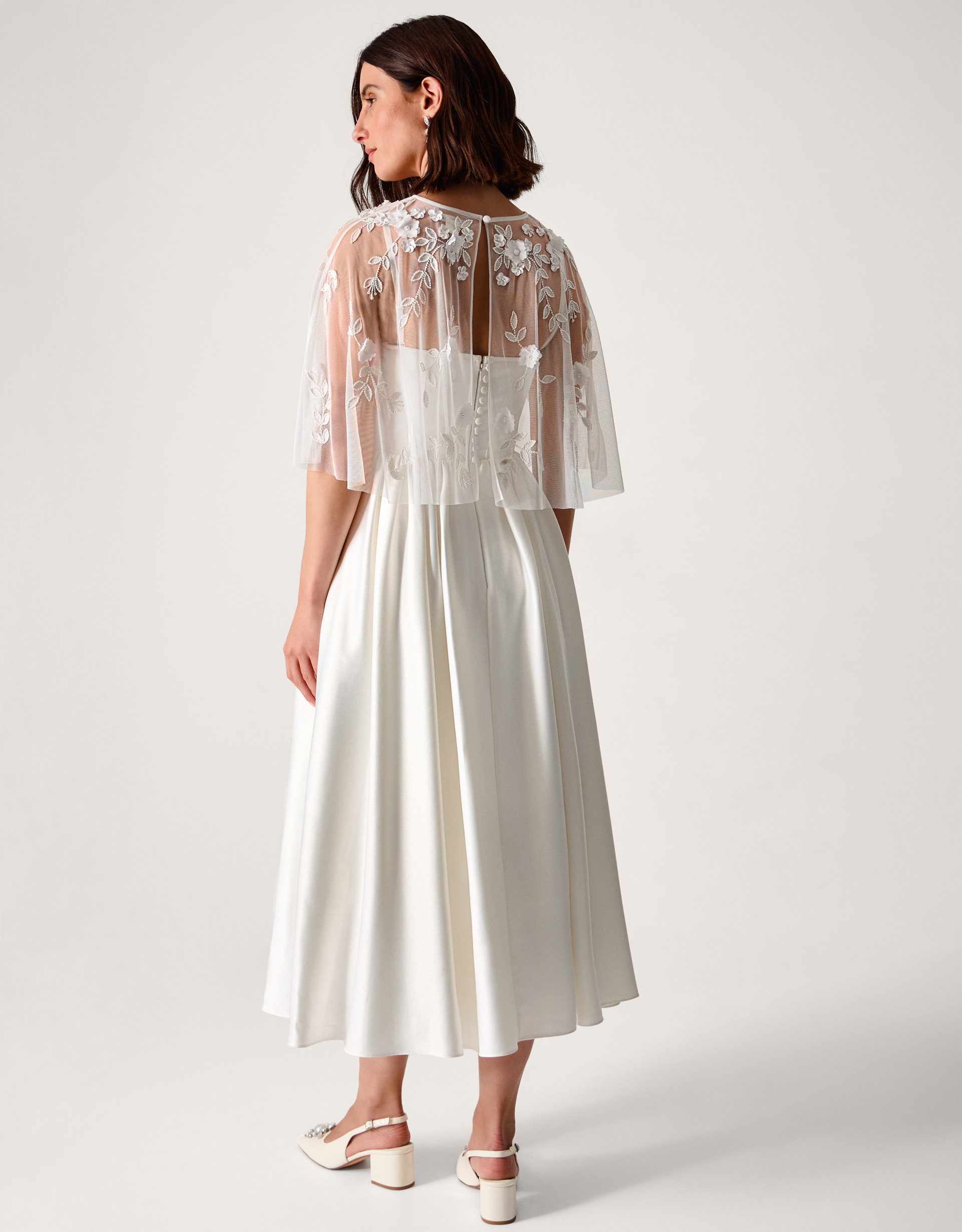 Monsoon Celeste Satin Wedding Dress with Floral Embellished Cape, view 3