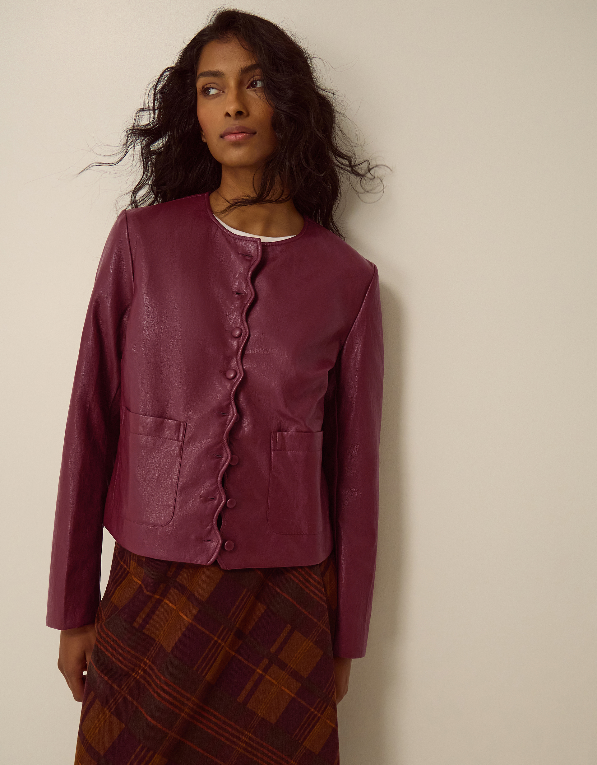 Monsoon Penelope Scallop Faux Leather Jacket in Red