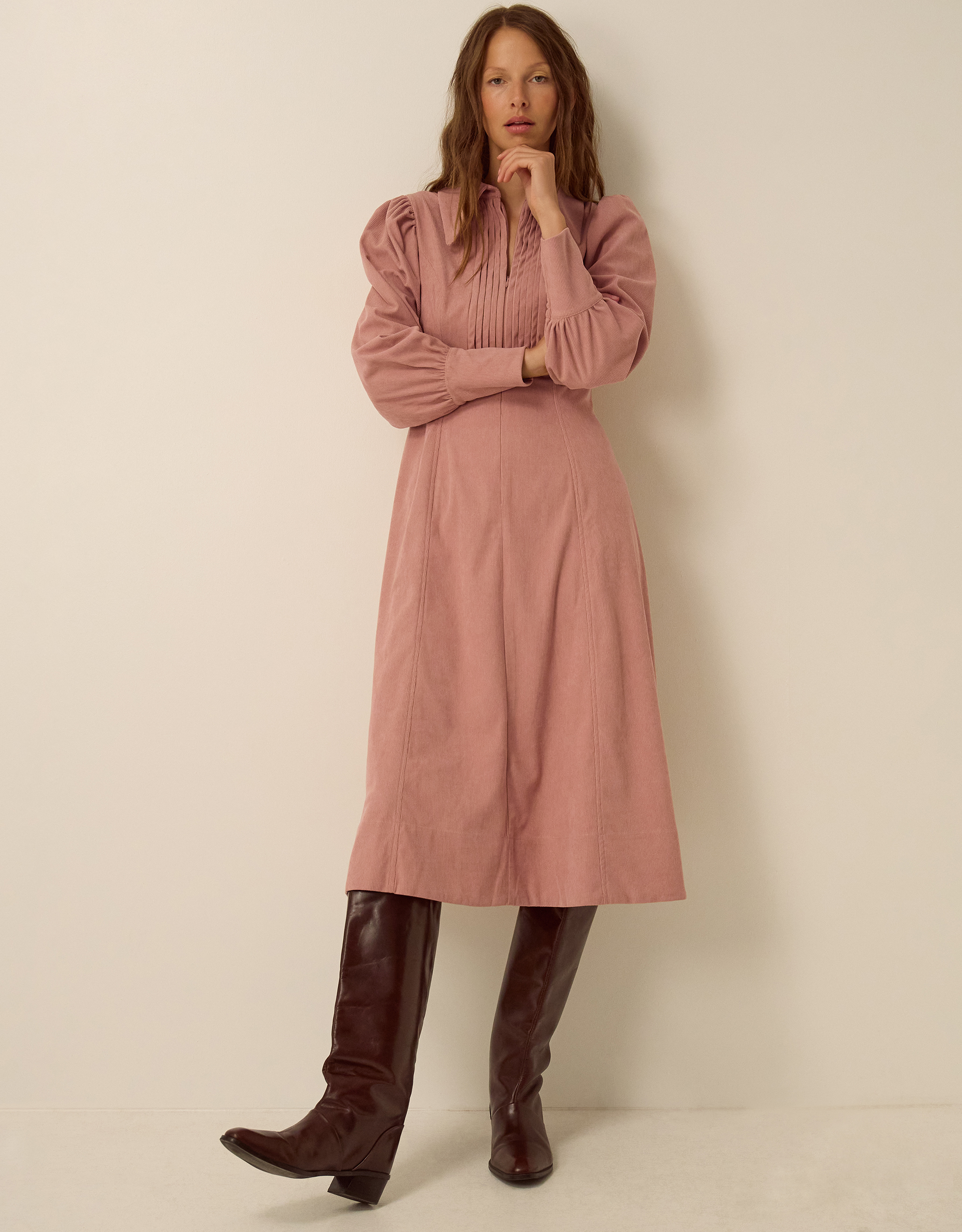 Monsoon Skye Stretch Corduroy Midi Shirt Dress Pink, view 5