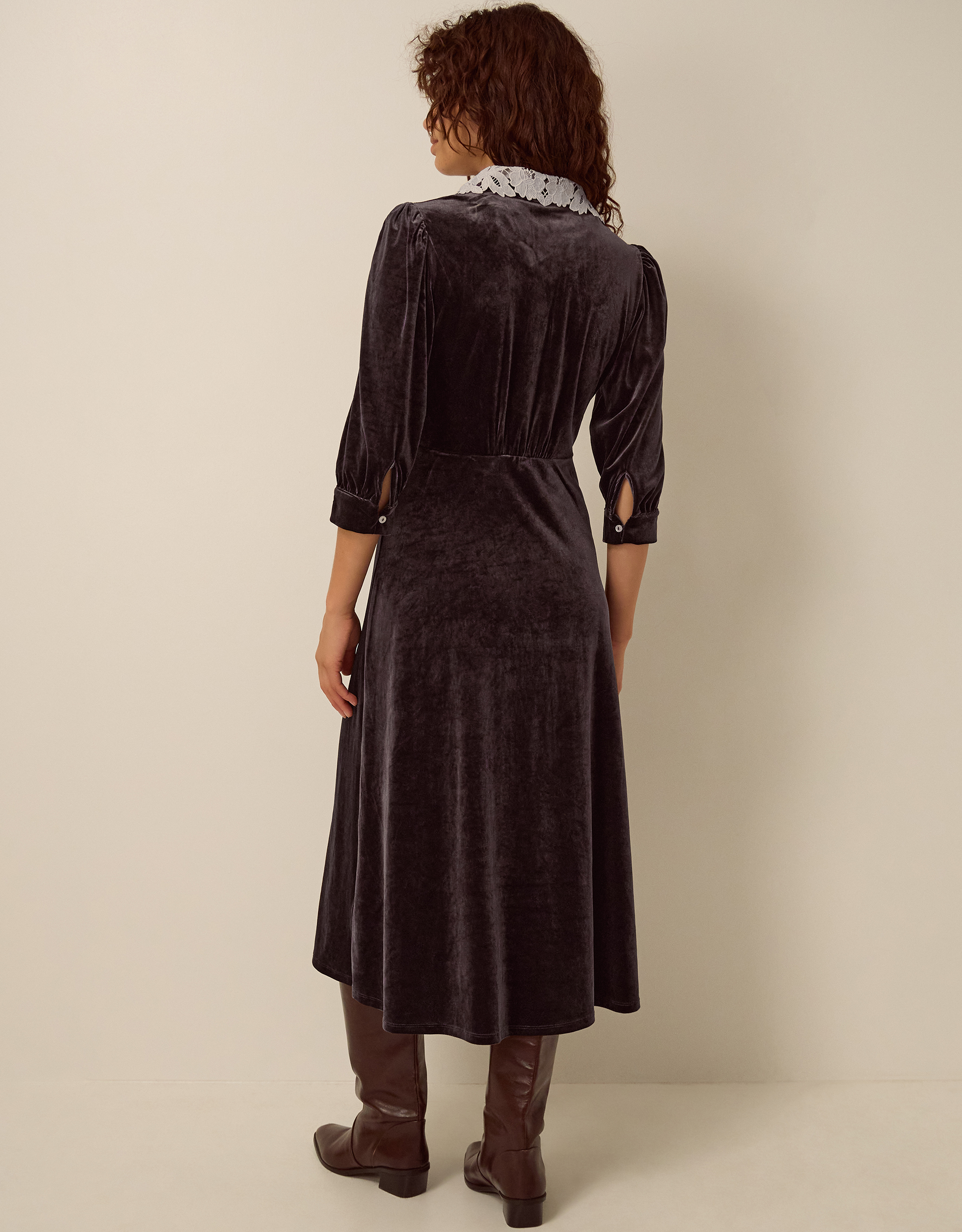 Monsoon Leith Lace Collar Velvet Midi Dress, view 3