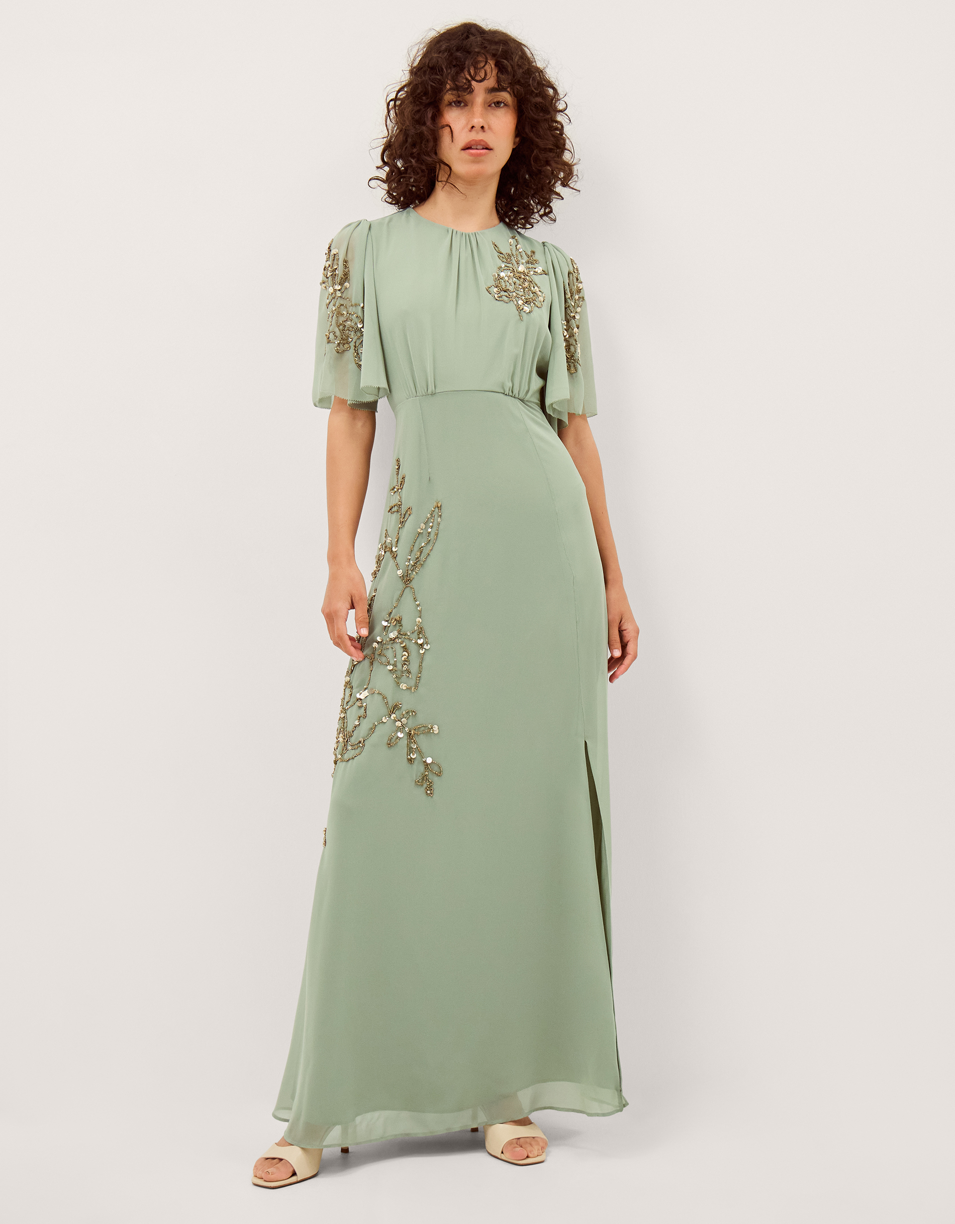 Monsoon Skyler Floral Embellished Maxi Dress in Green