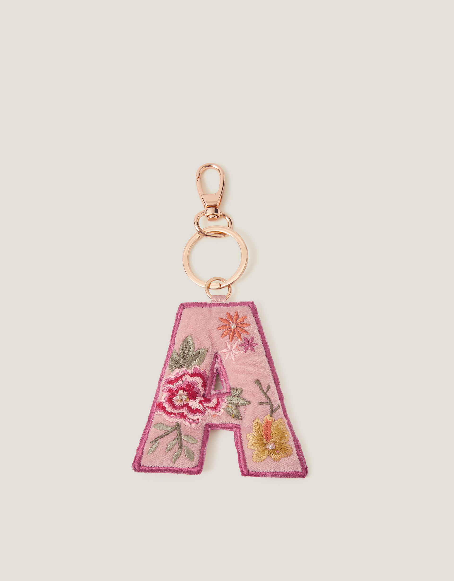 Monsoon Floral Embroidered Initial Keyring in Pink