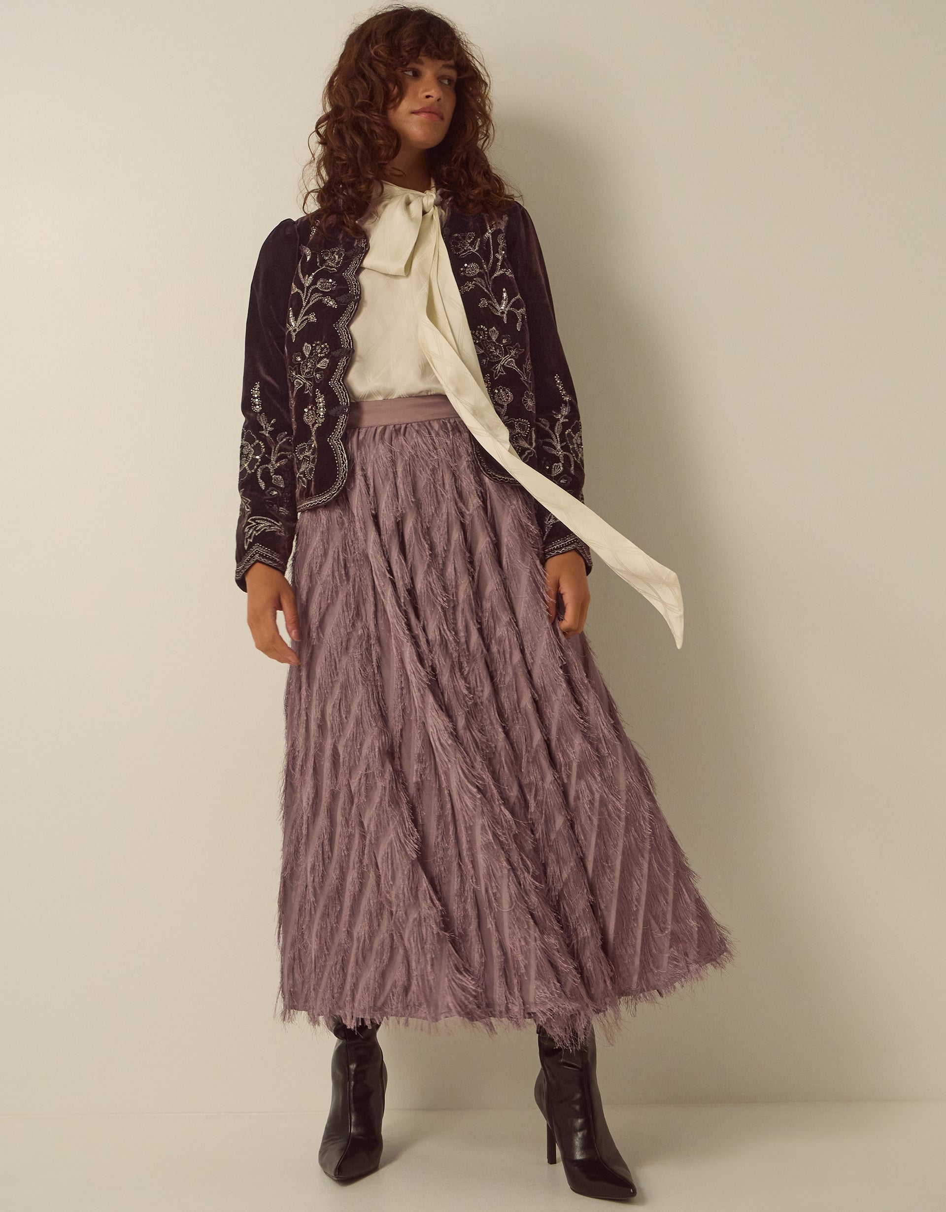 Monsoon Fayana Fringe A-Line Midi Skirt in mink