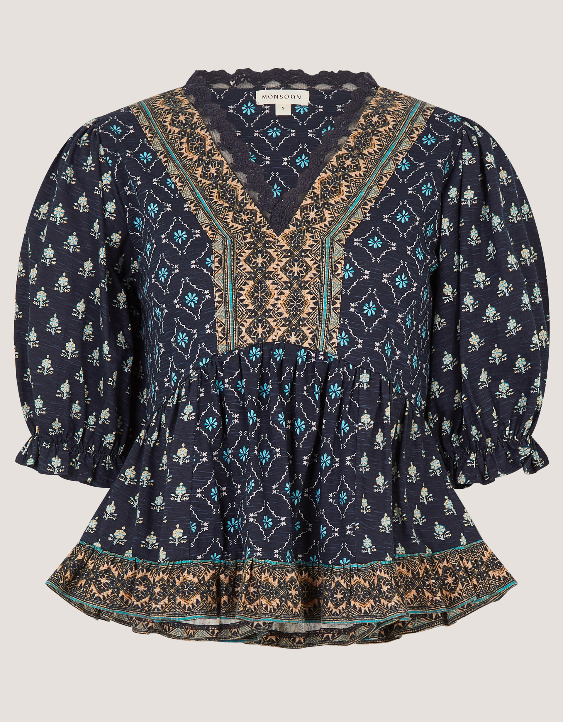Monsoon Stacee Puff Sleeve Print Jersey Top, view 5