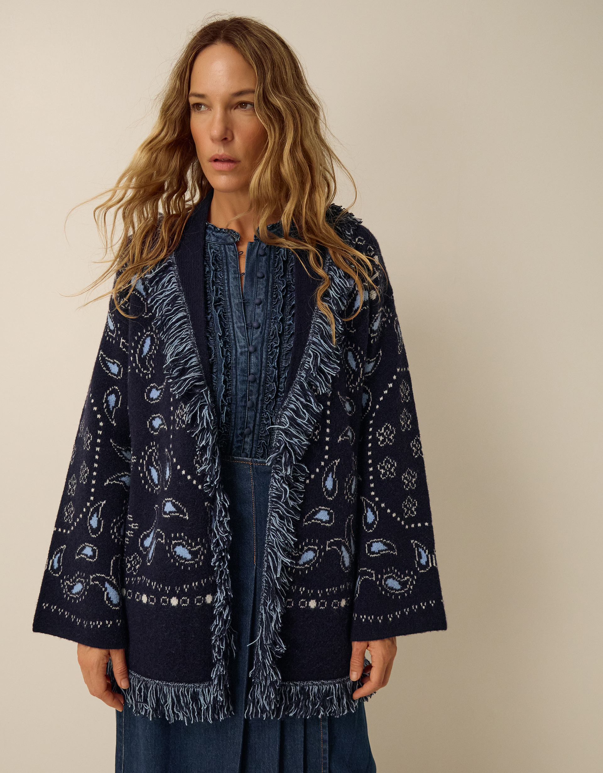 Monsoon Payton Paisley Fringe Cardigan Blue, view 4