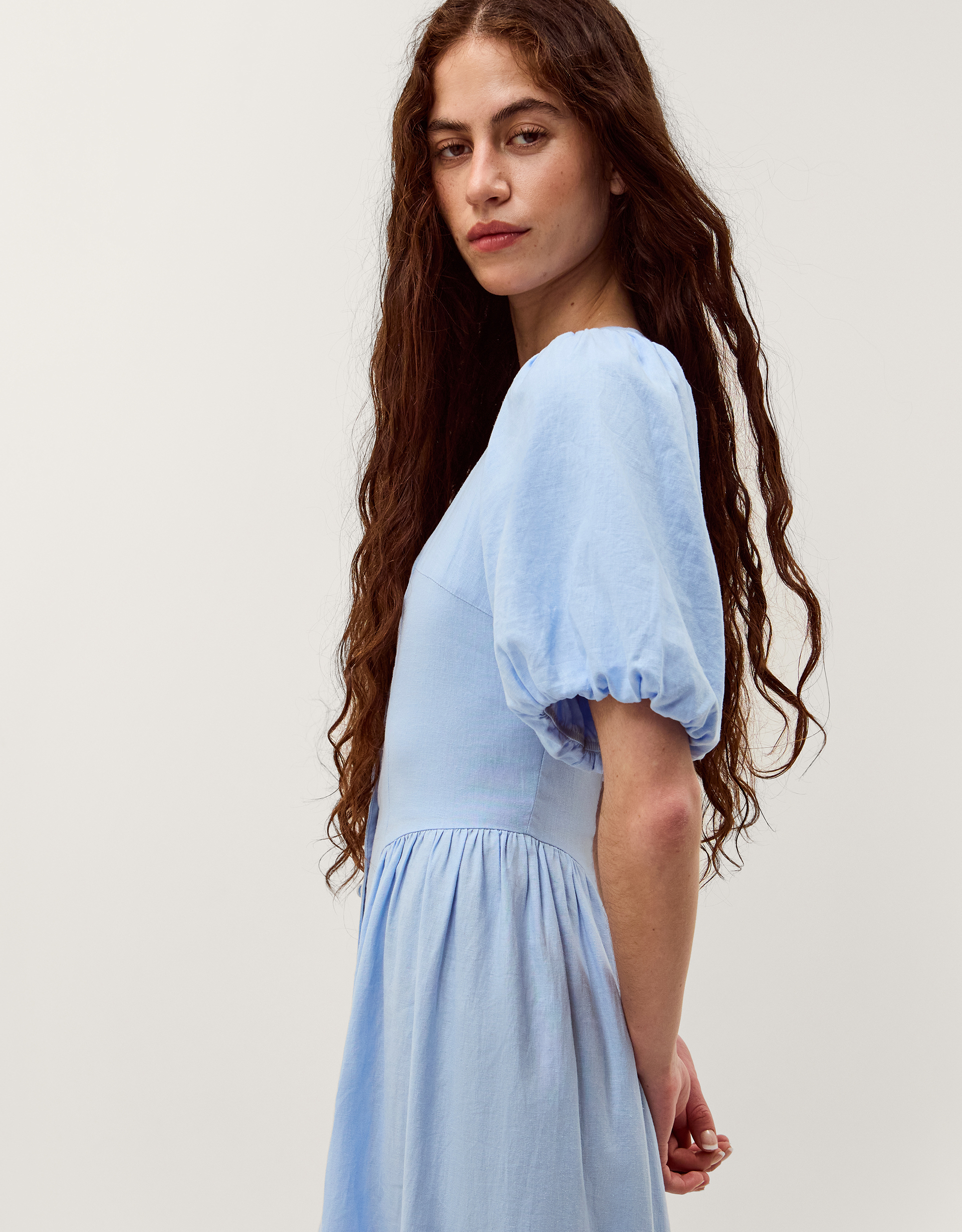 Monsoon Lottie Puff Sleeve Linen Blend Midi Dress, view 2