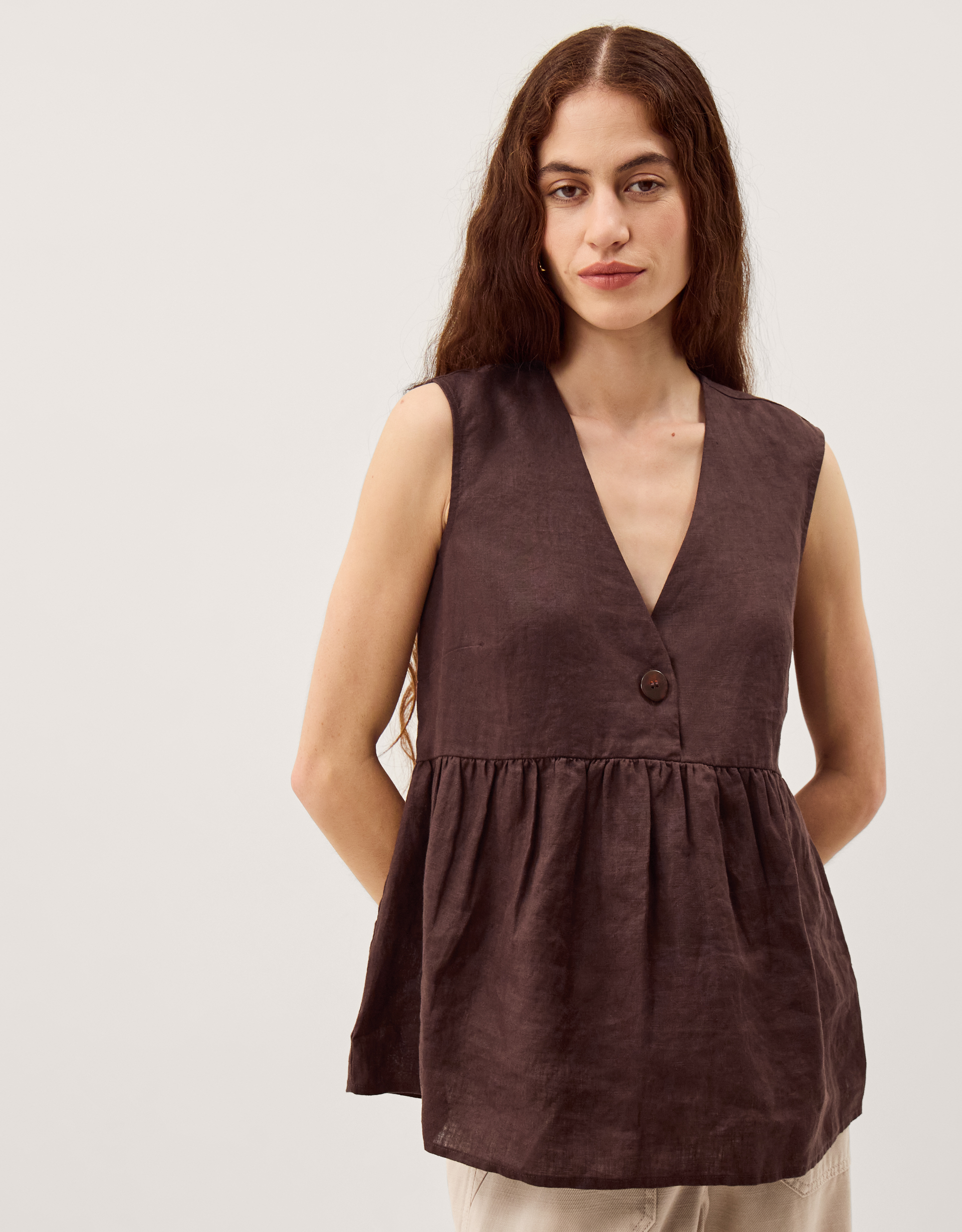 Monsoon Posey Sleeveless Linen Top in Brown, view 4