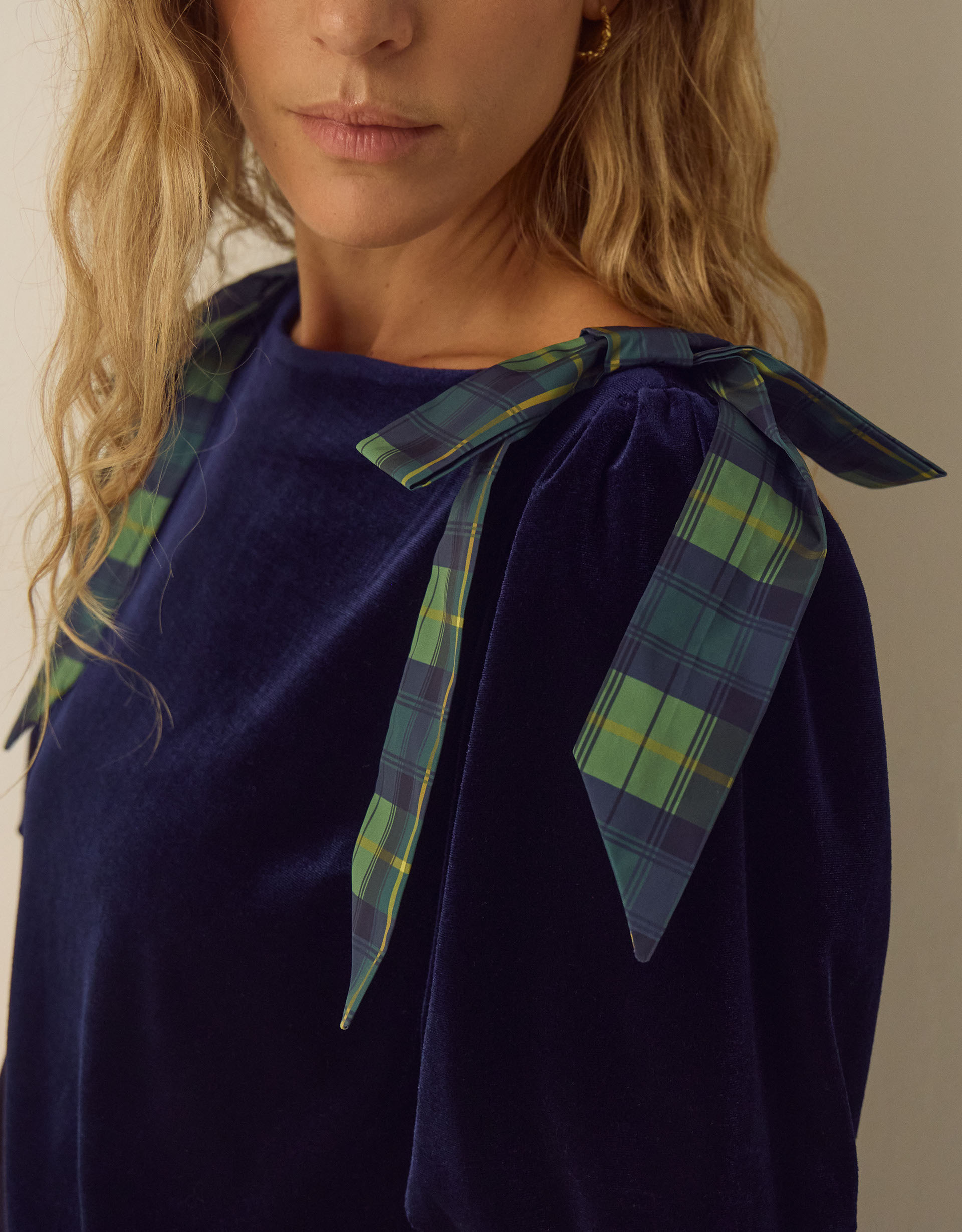 Monsoon Vittoria Short Sleeve Tartan Bow Velvet Top, view 2