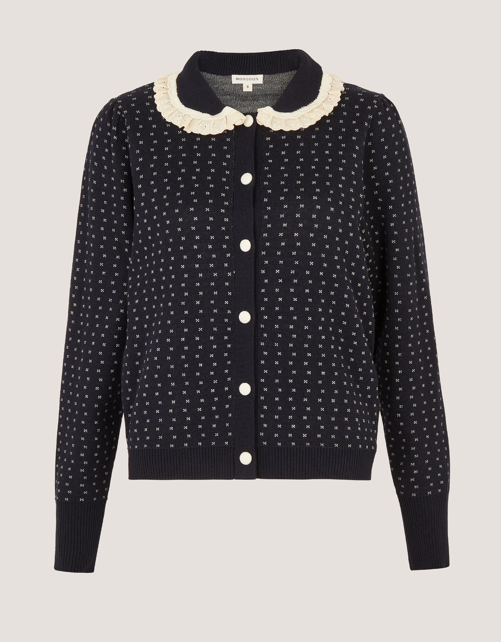 Monsoon Camila Broderie Collar Cardigan, view 5