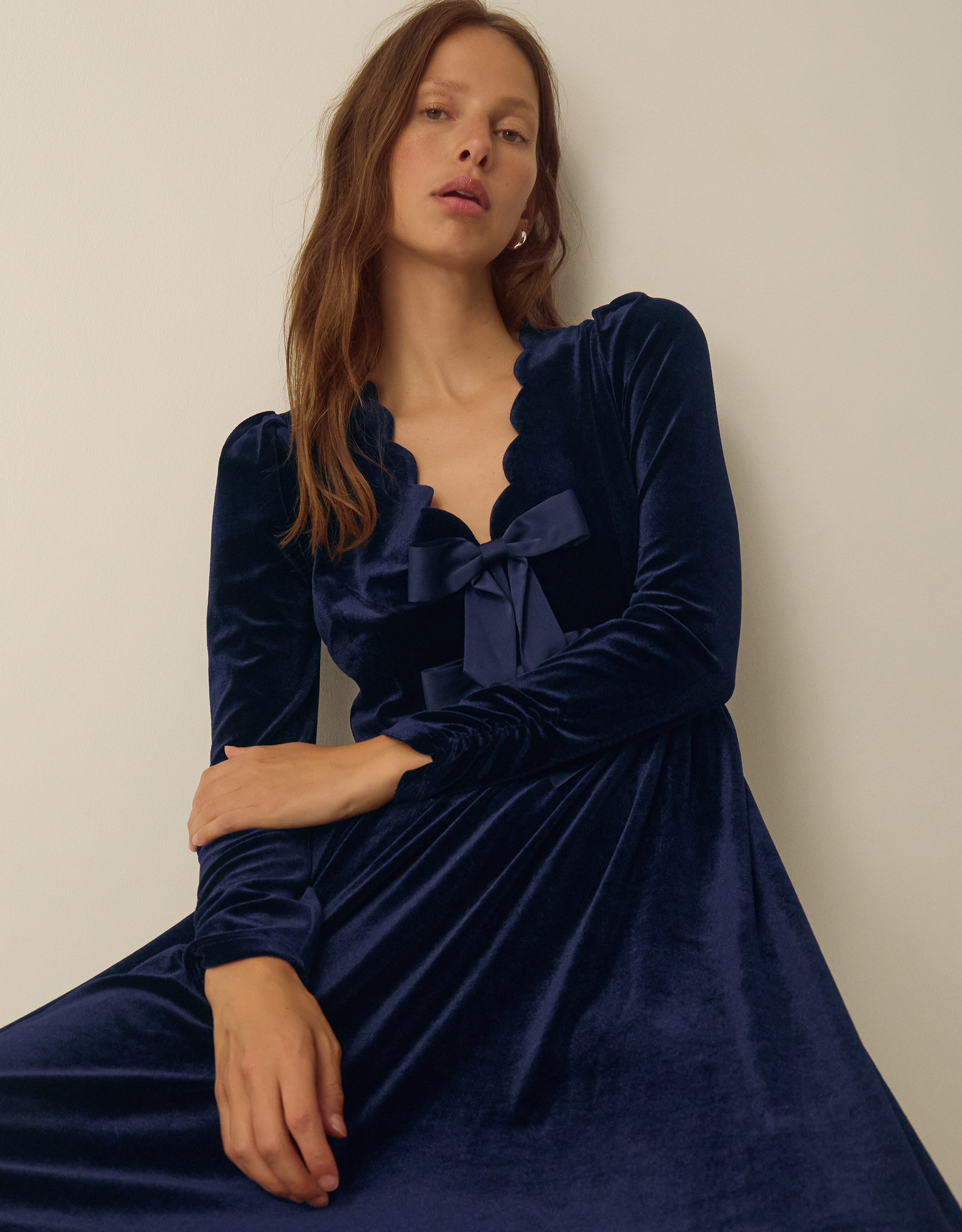 Monsoon Britney V-Neck Bow Velvet Midi Dress Blue, view 5