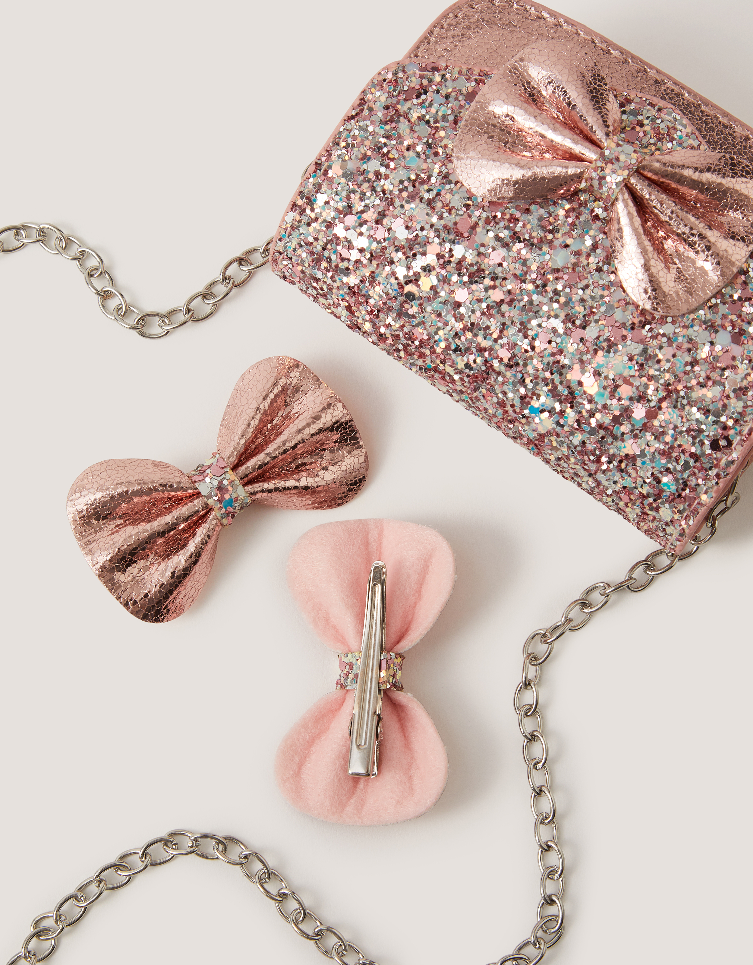 Monsoon Glitter Bow Bag & Hair Clips Set in Pink, view 3