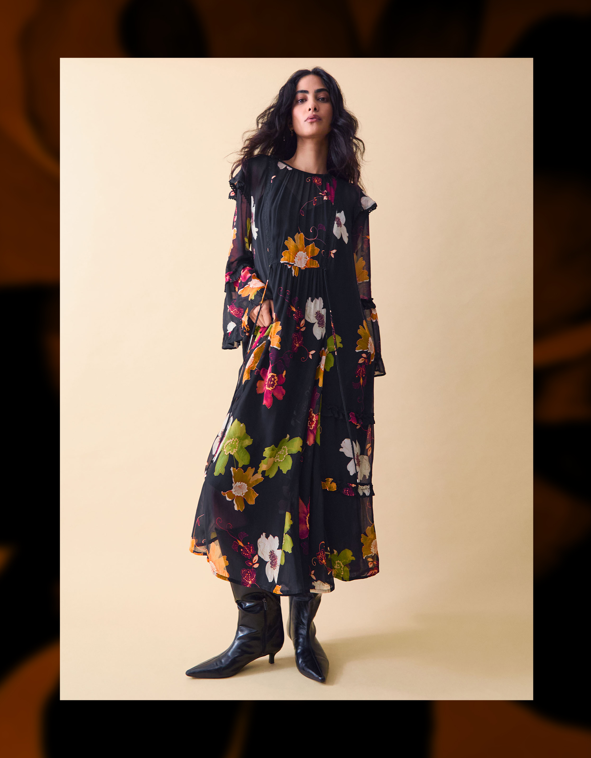 Monsoon Clemence Camille Floral Georgette Midi Dress in black