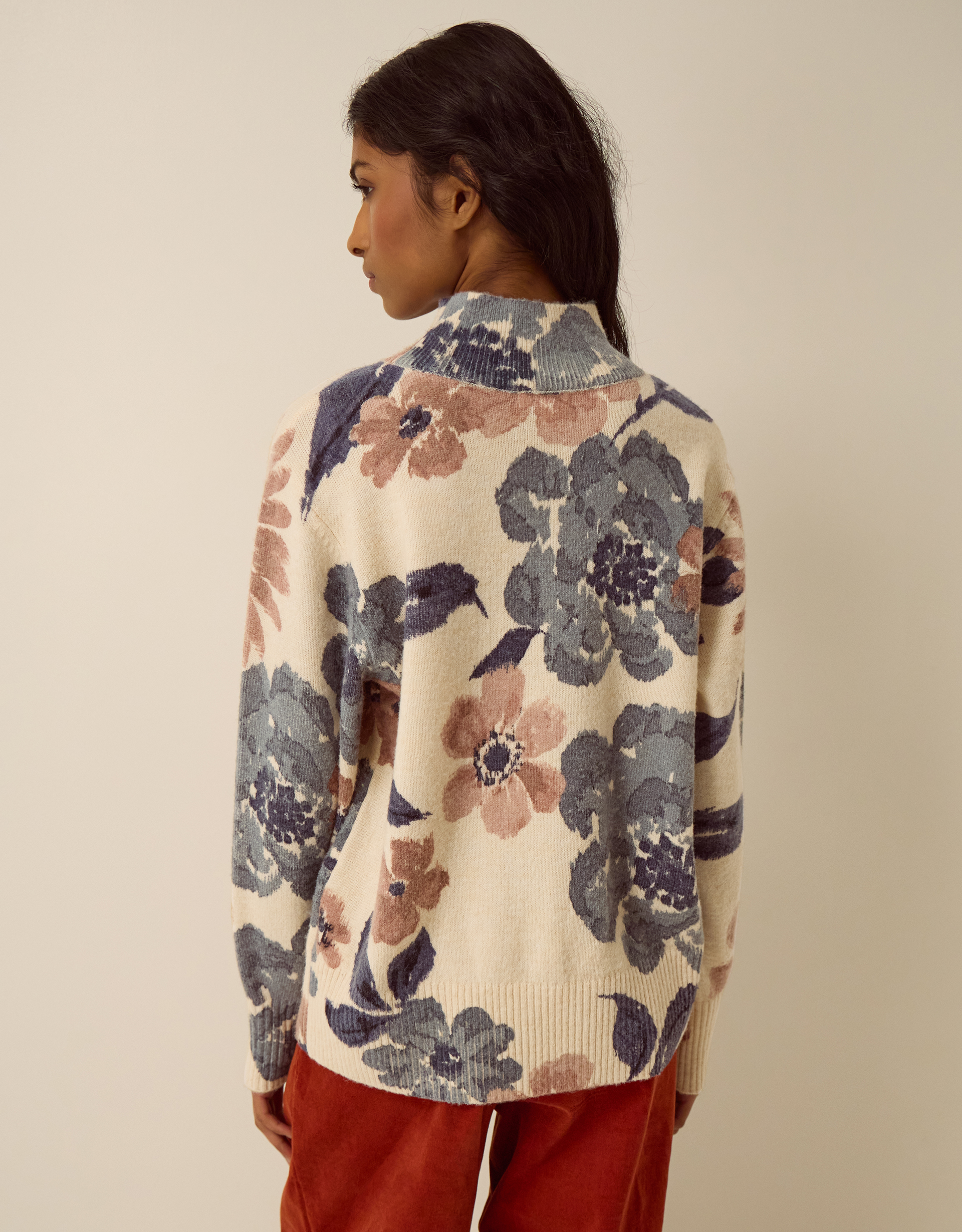 Monsoon Olive High Neck Floral Jumper, view 3
