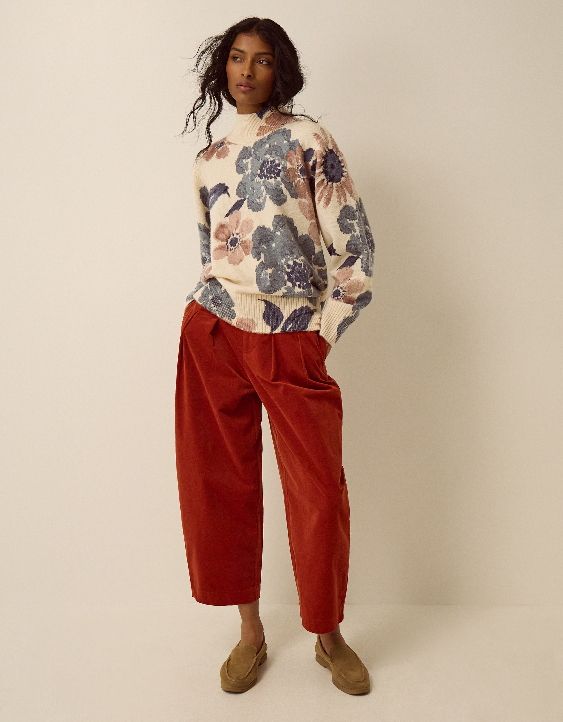 Monsoon Olive High Neck Floral Jumper, view 5