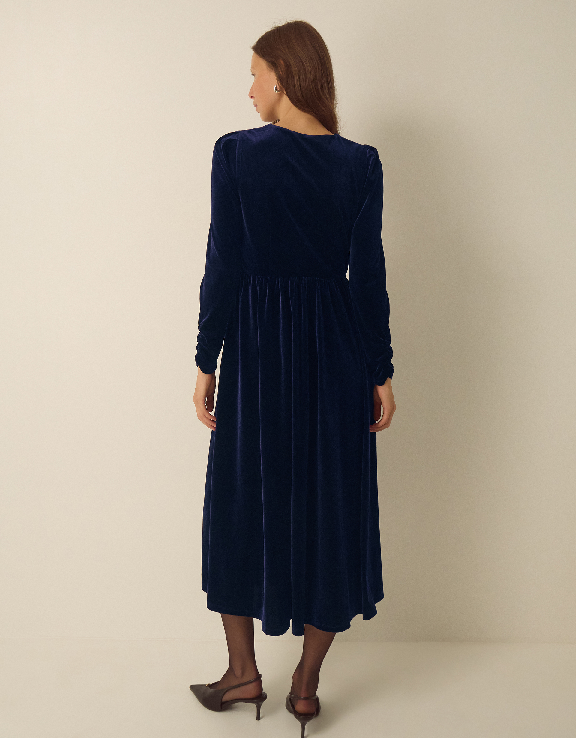 Monsoon Britney V-Neck Bow Velvet Midi Dress Blue, view 3