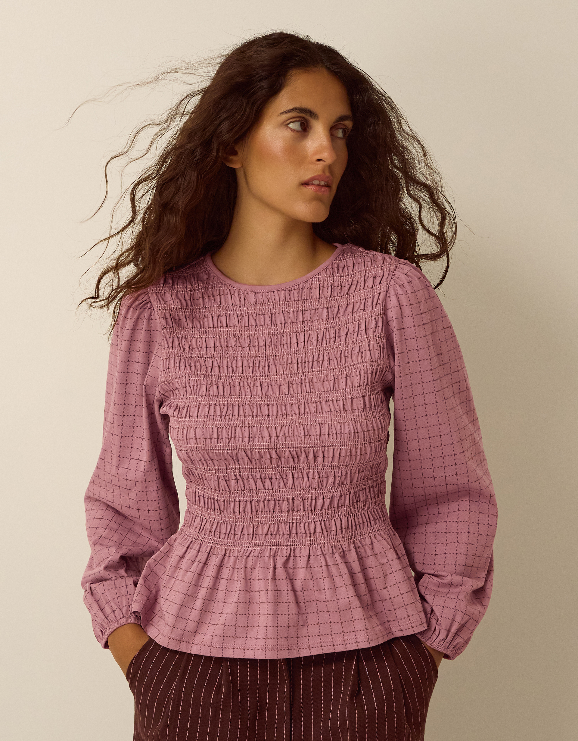 Monsoon Charli Check Smocked Jersey Top