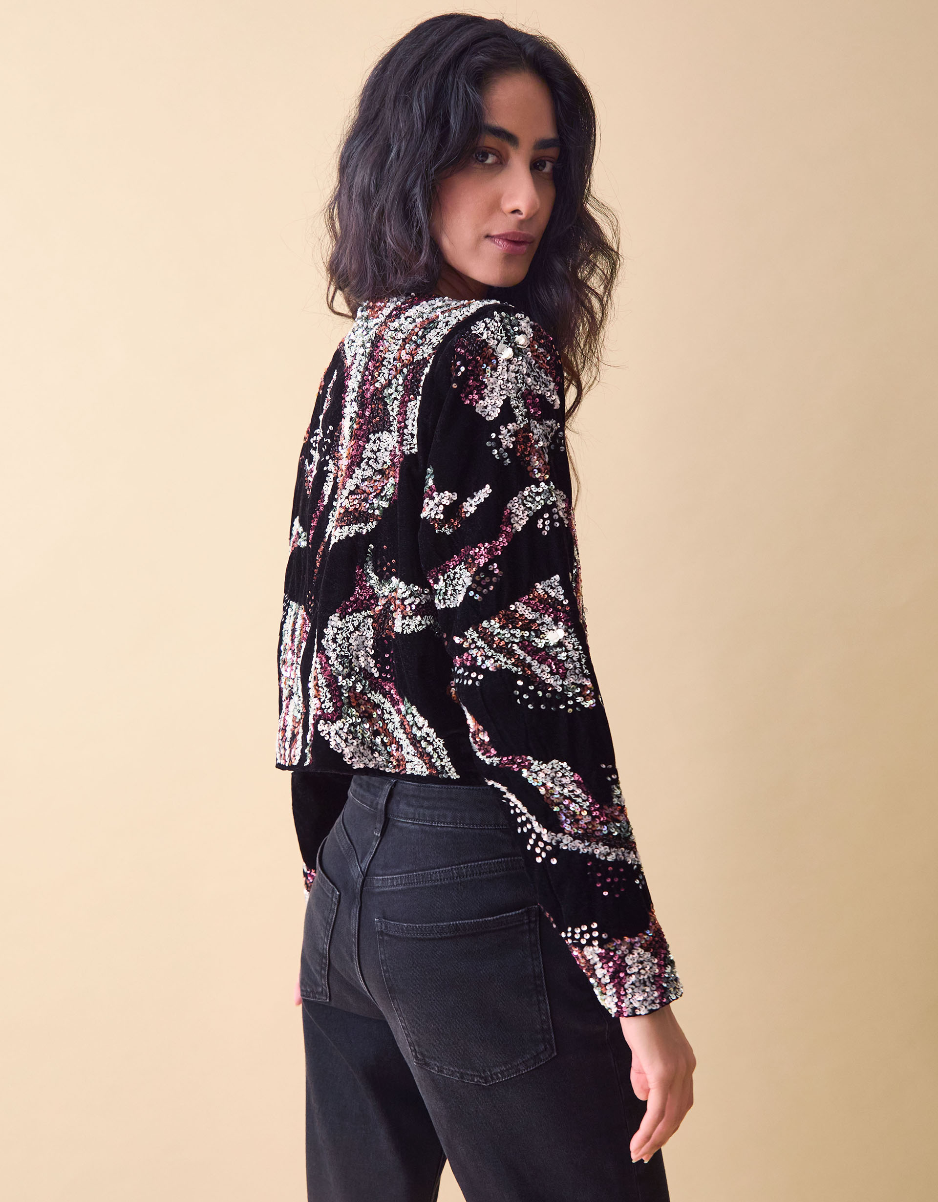 Monsoon Clemence Rosalie Cropped Sequin Velvet Jacket, view 3