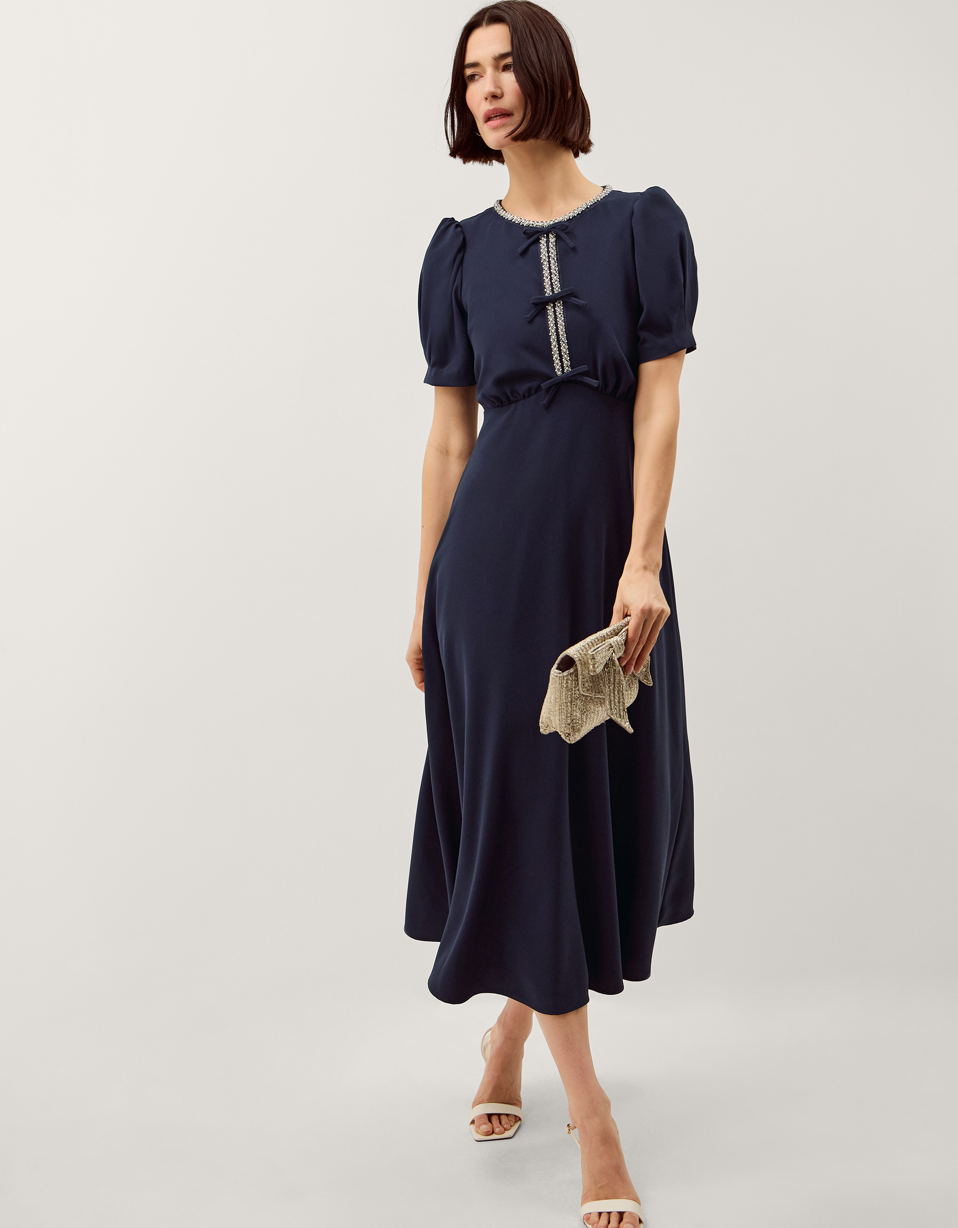 Monsoon Bonnie Bow Puff Sleeve Midi Dress in blue