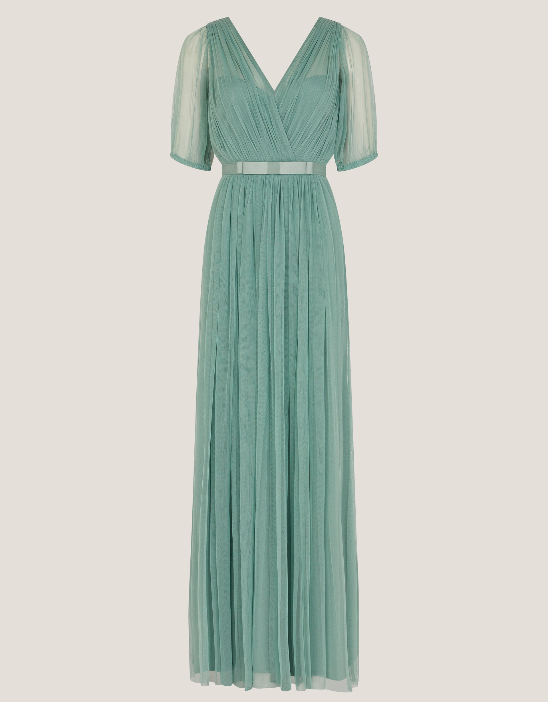 Monsoon Ellie Sheer Sleeve Plunge Tulle Maxi Dress in Green, view 5