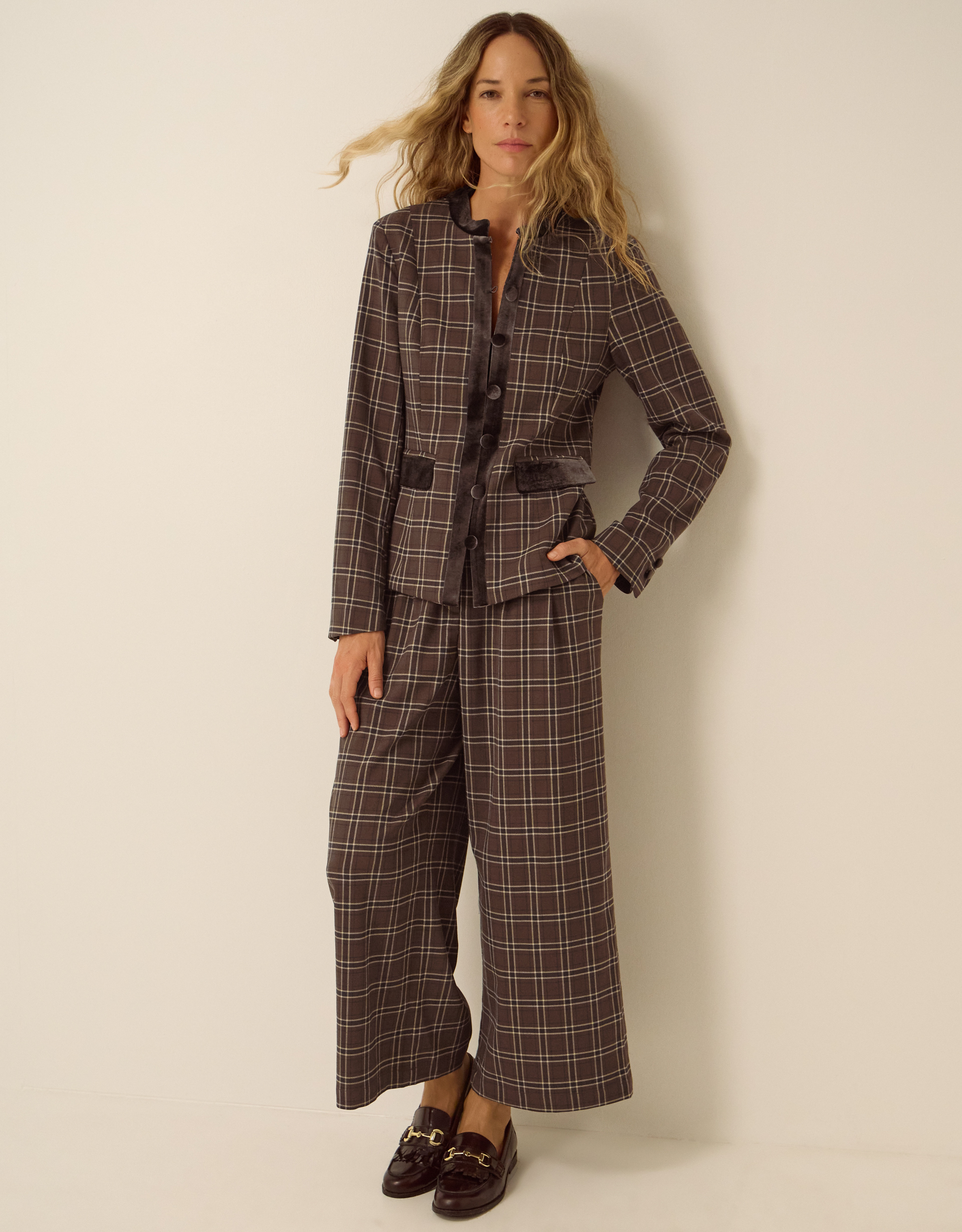 Monsoon Gracie Check Print Jacket in brown