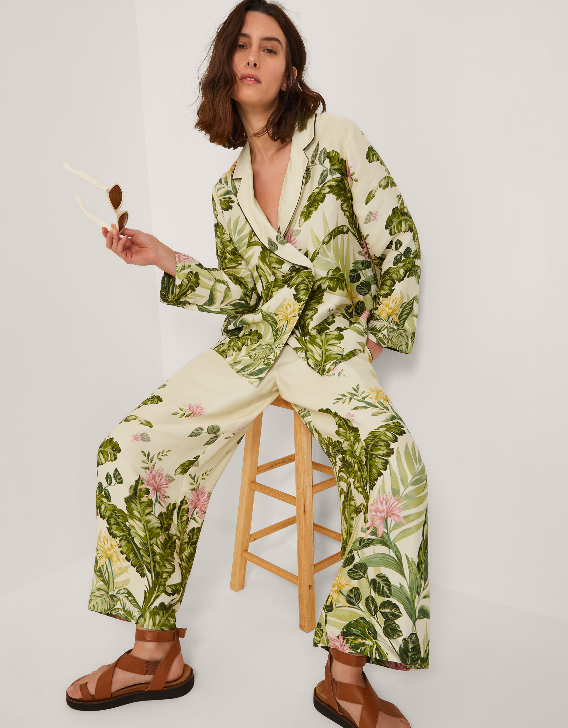Monsoon Fleur Floral Wide Leg Trousers in cream